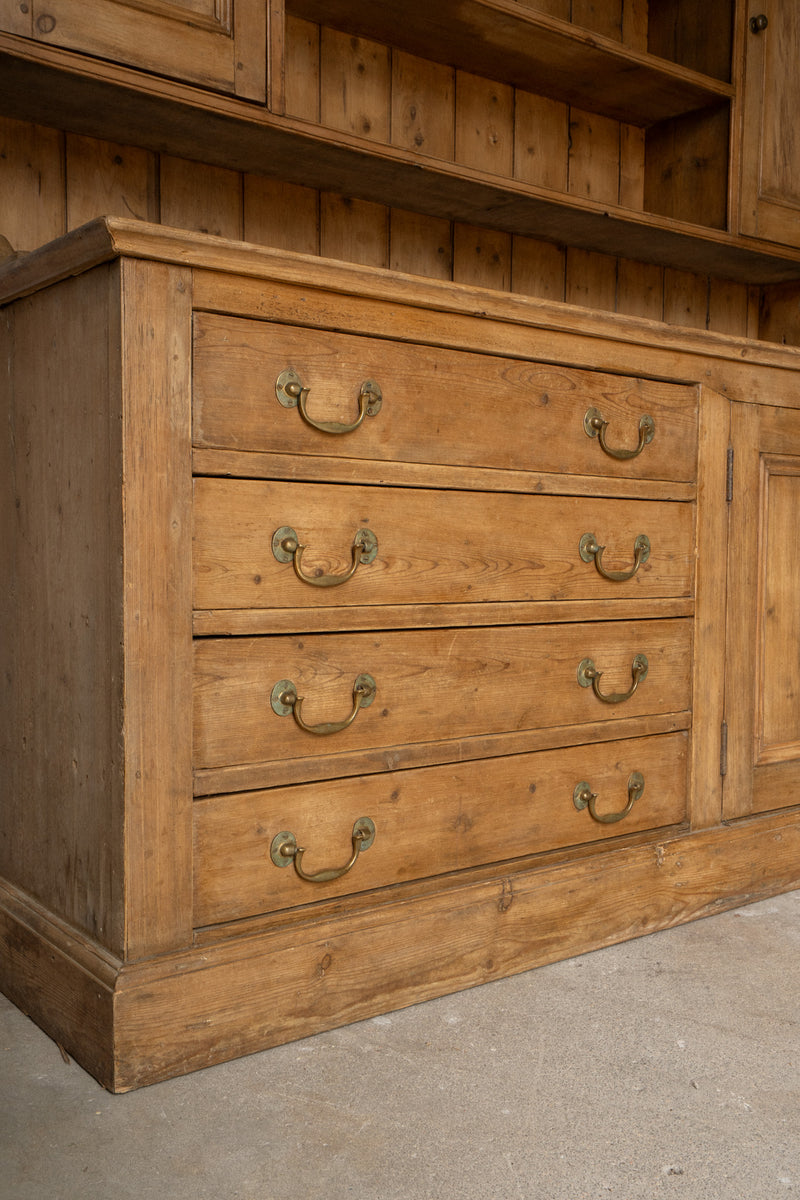 XL Antique Pine Kitchen Hutch | English Dresser Cabinet with Scalloped Shelving - IDYLL MANOR