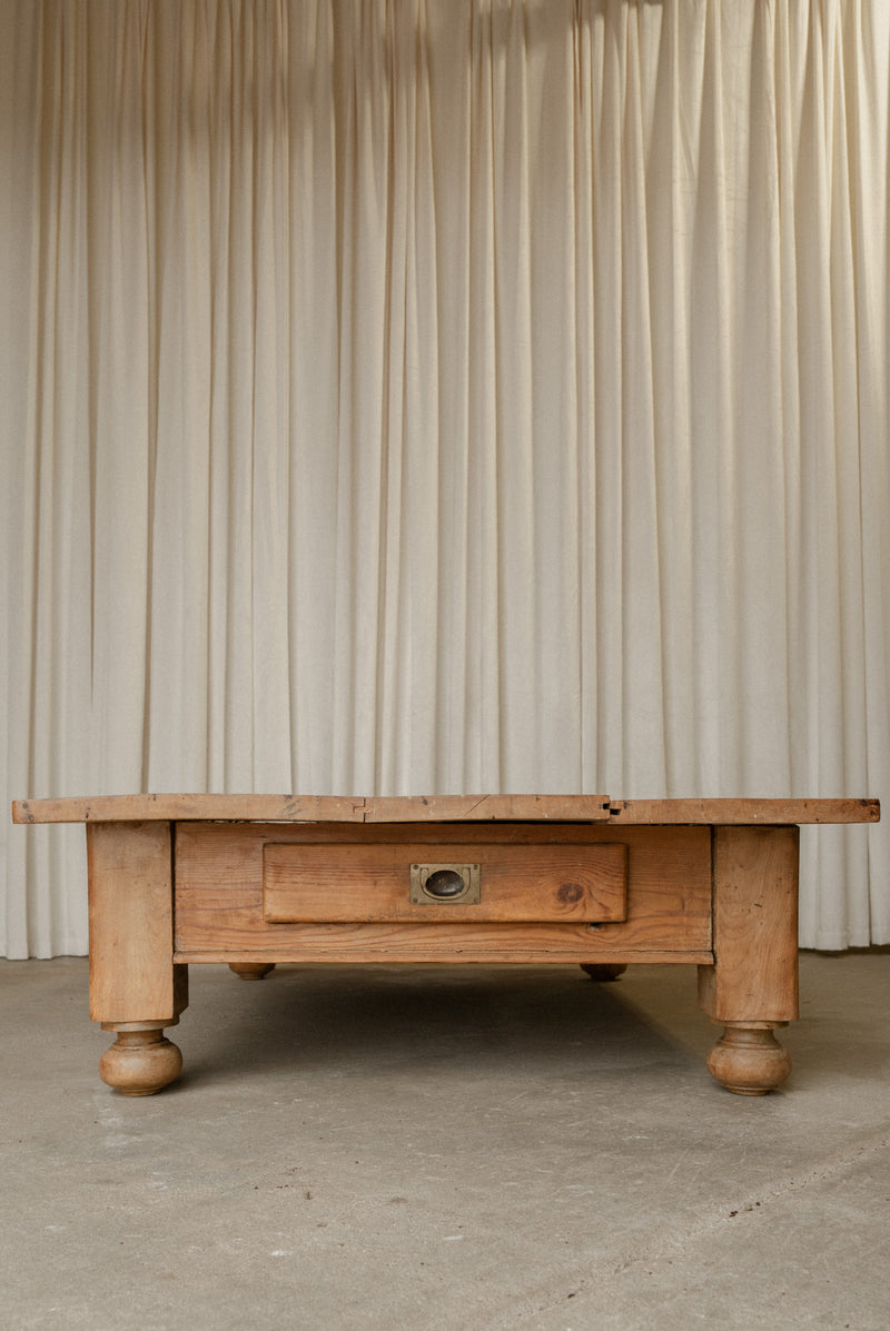 Large Antique Elm Coffee Table | Rustic European Center Table - IDYLL MANOR