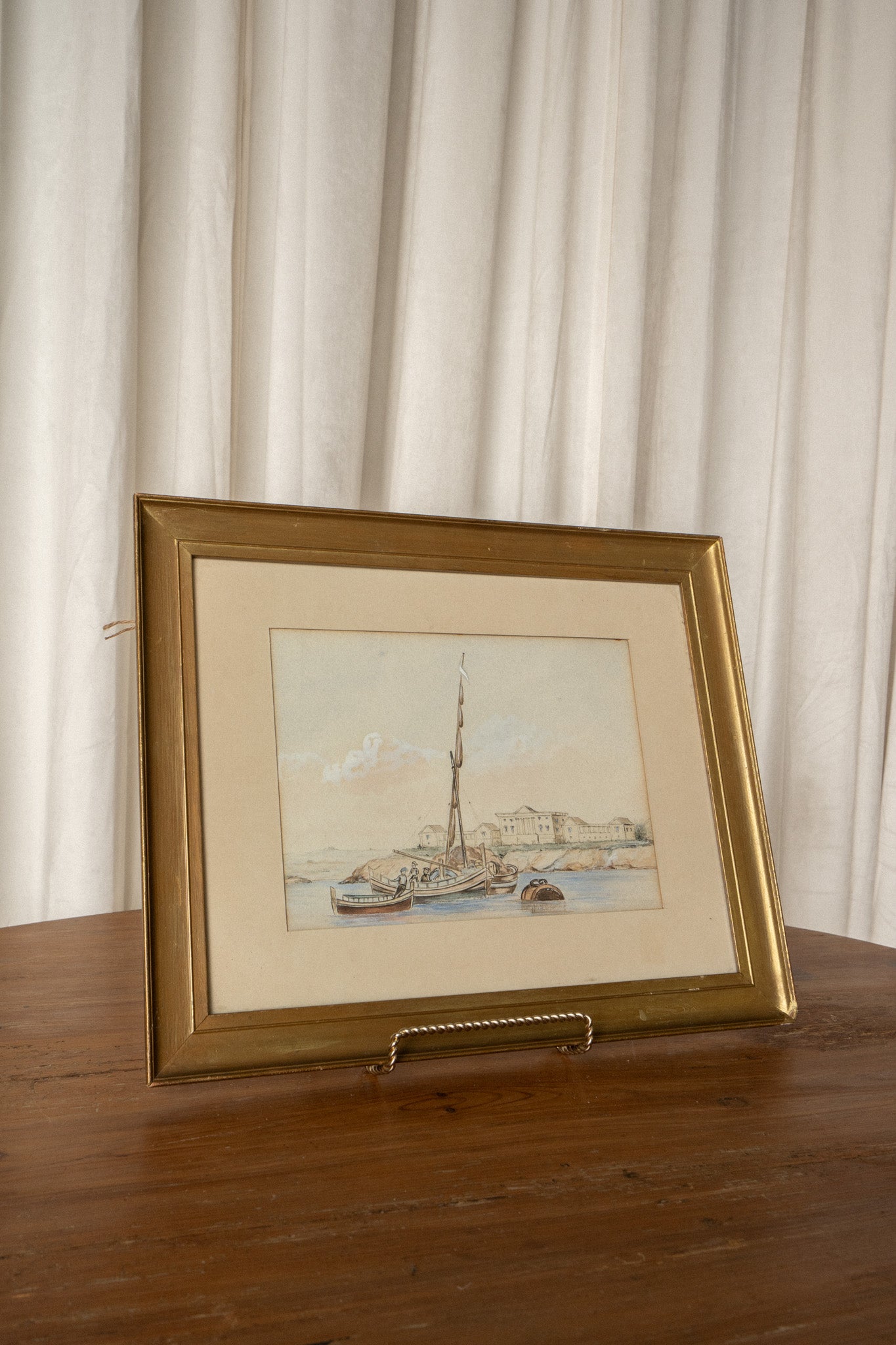 Watercolor Shipyard Painting | Coastal Harbor Scene in Gilt Wood Frame - IDYLL MANOR