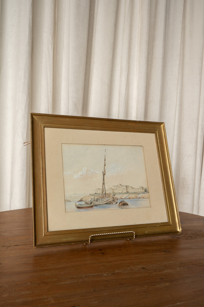 Watercolor Shipyard Painting | Coastal Harbor Scene in Gilt Wood Frame - IDYLL MANOR