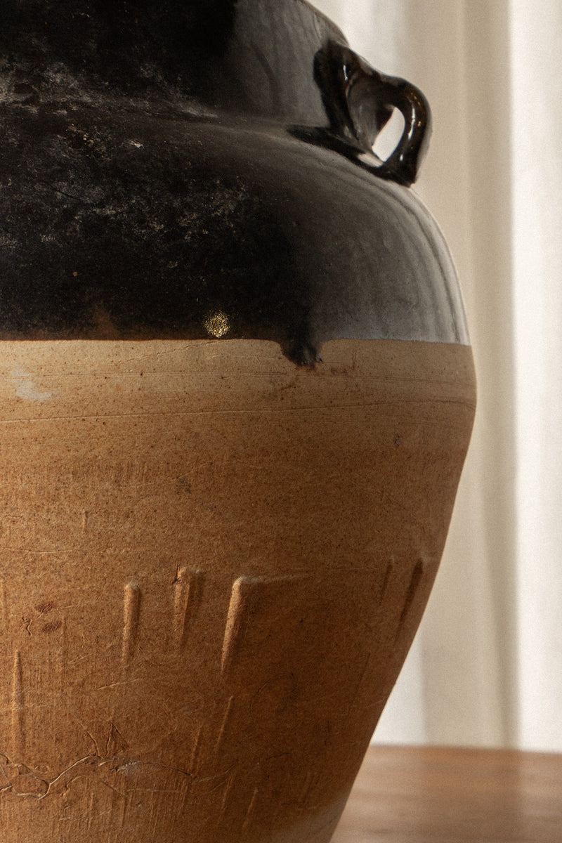 French Pottery Vase | Black & Cream Ceramic Vessel - IDYLL MANOR