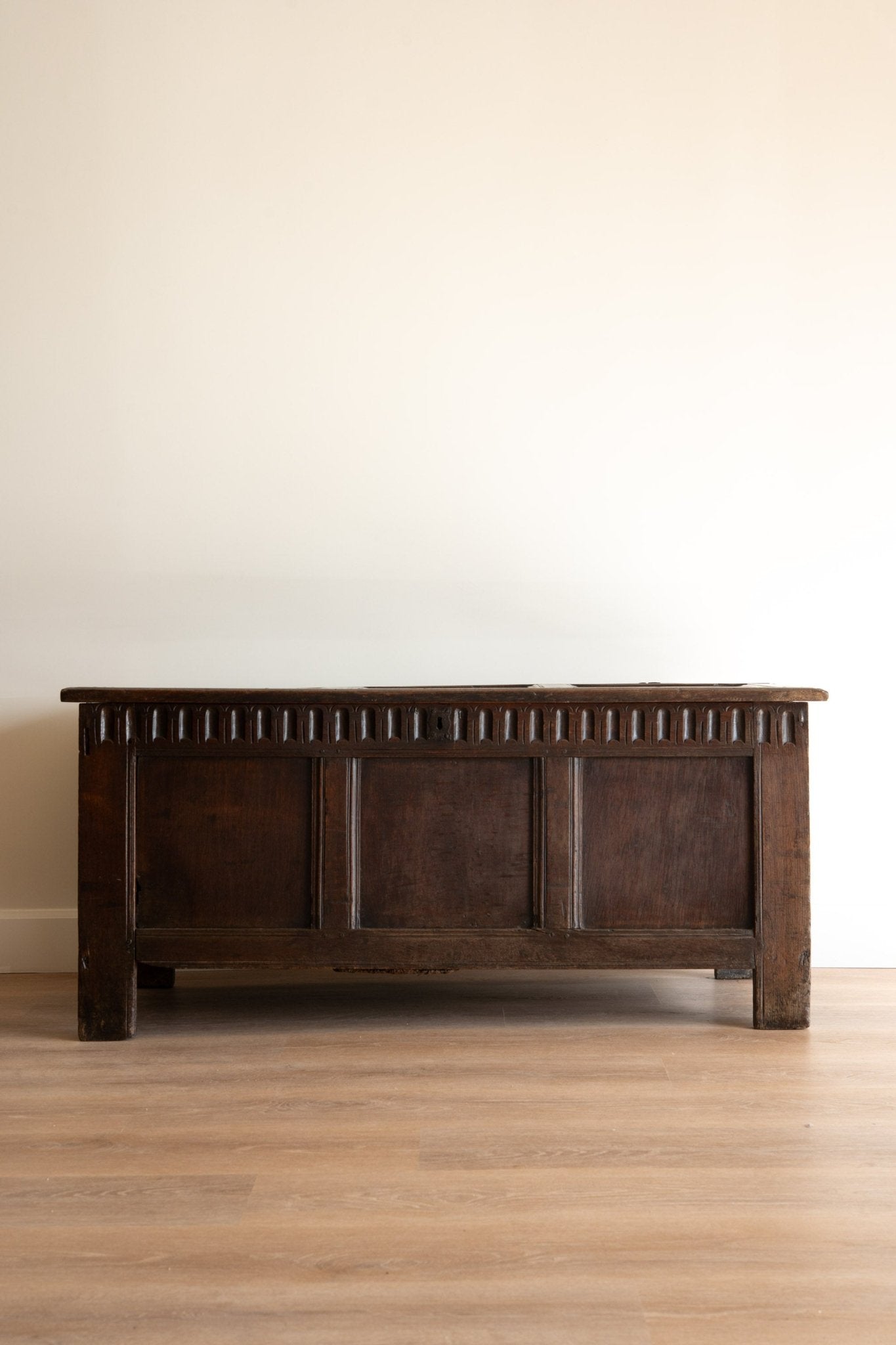 17th Century Antique Oak Coffer | English Carved Trunk, Blanket Chest, or Coffee Table - IDYLL MANOR