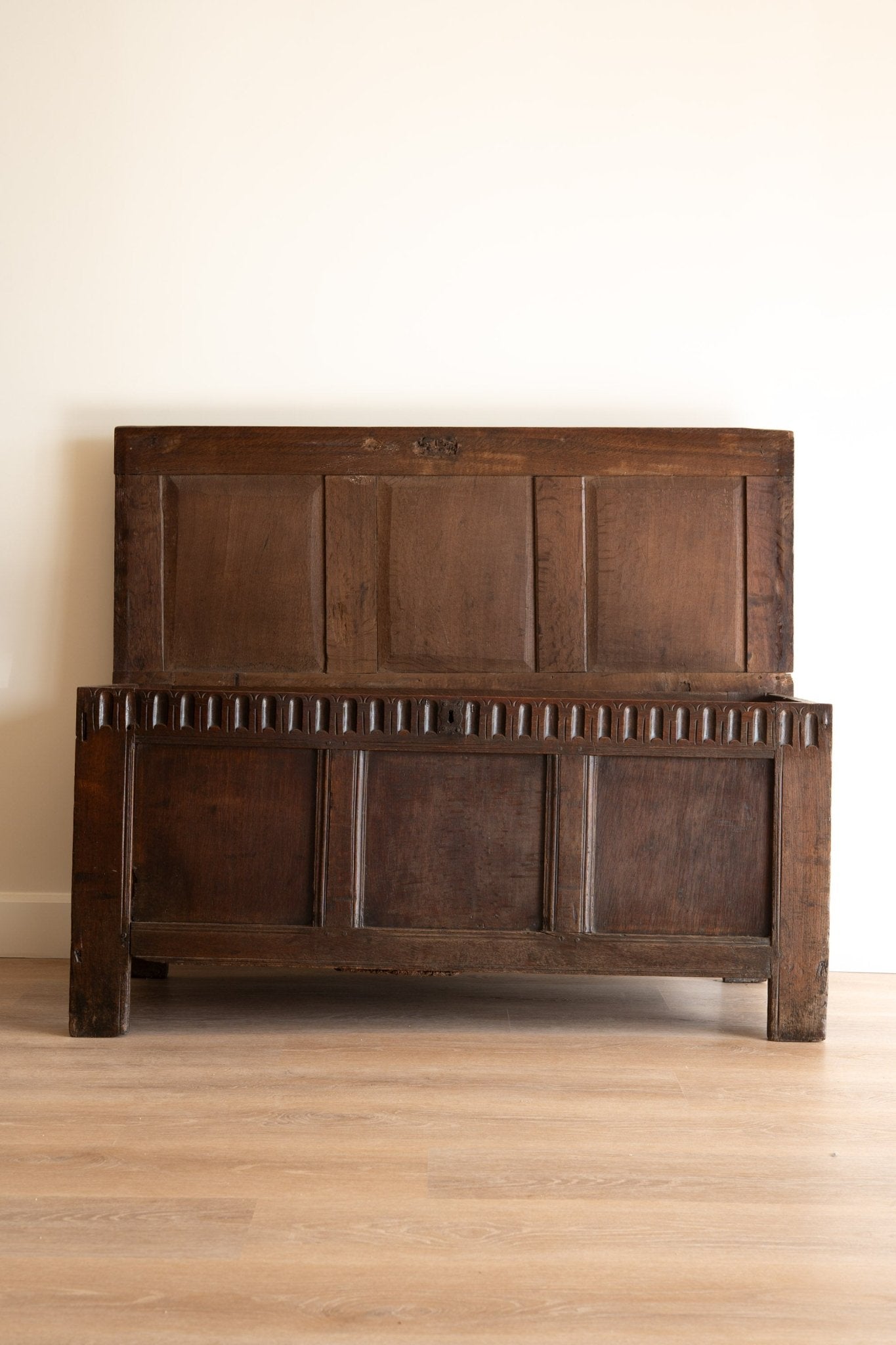 17th Century Antique Oak Coffer | English Carved Trunk, Blanket Chest, or Coffee Table - IDYLL MANOR