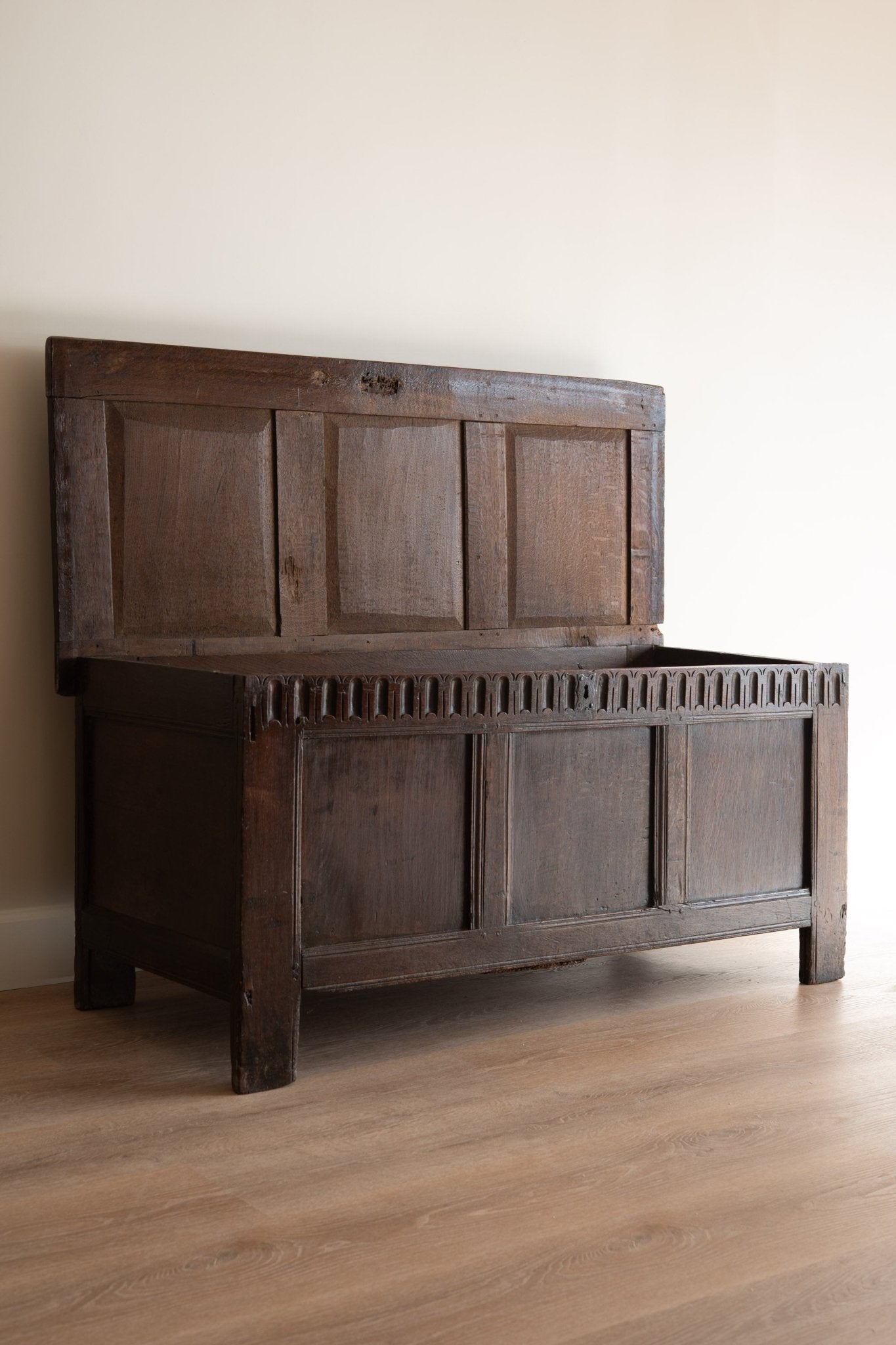 17th Century Antique Oak Coffer | English Carved Trunk, Blanket Chest, or Coffee Table - IDYLL MANOR