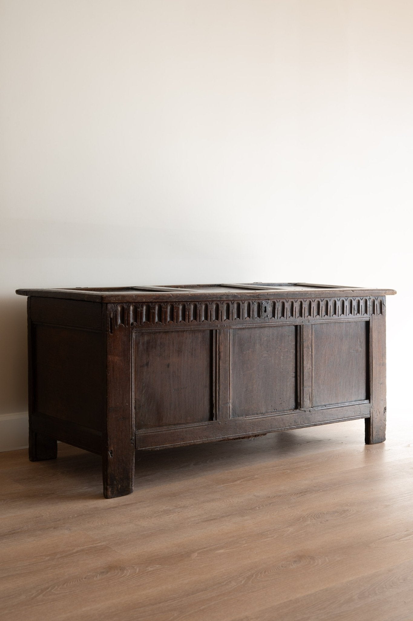 17th Century Antique Oak Coffer | English Carved Trunk, Blanket Chest, or Coffee Table - IDYLL MANOR