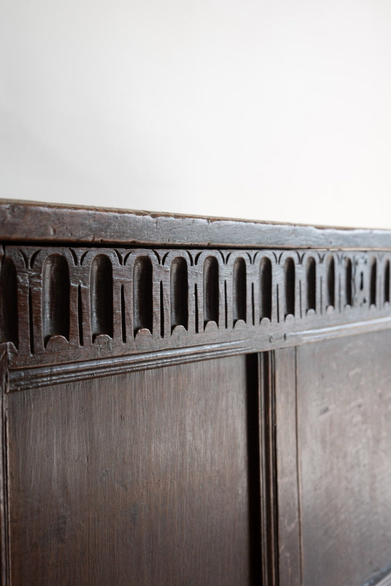 17th Century Antique Oak Coffer | English Carved Trunk, Blanket Chest, or Coffee Table - IDYLL MANOR