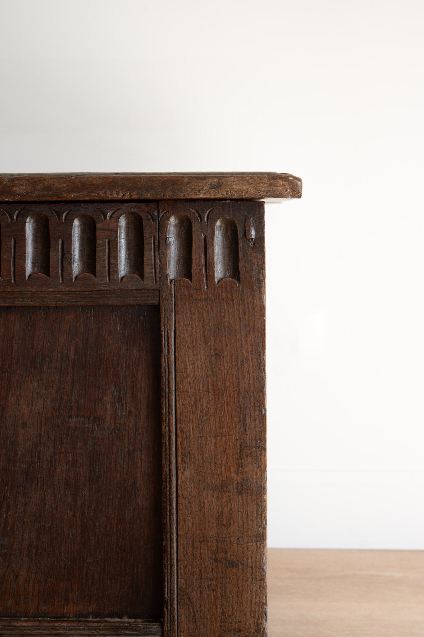 17th Century Antique Oak Coffer | English Carved Trunk, Blanket Chest, or Coffee Table - IDYLL MANOR