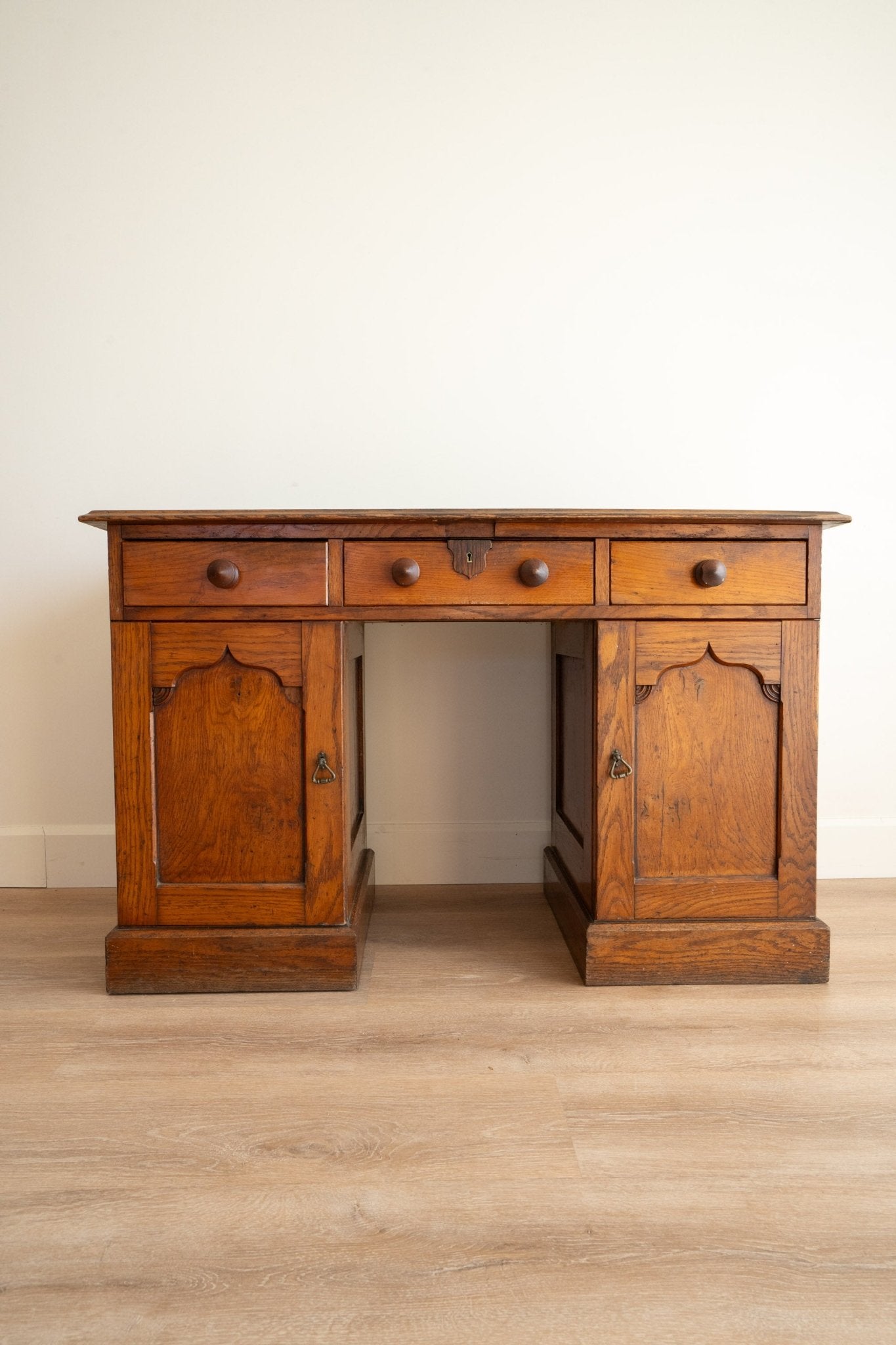 Antique English Desk, Vanity, with Black Leather Top - IDYLL MANOR