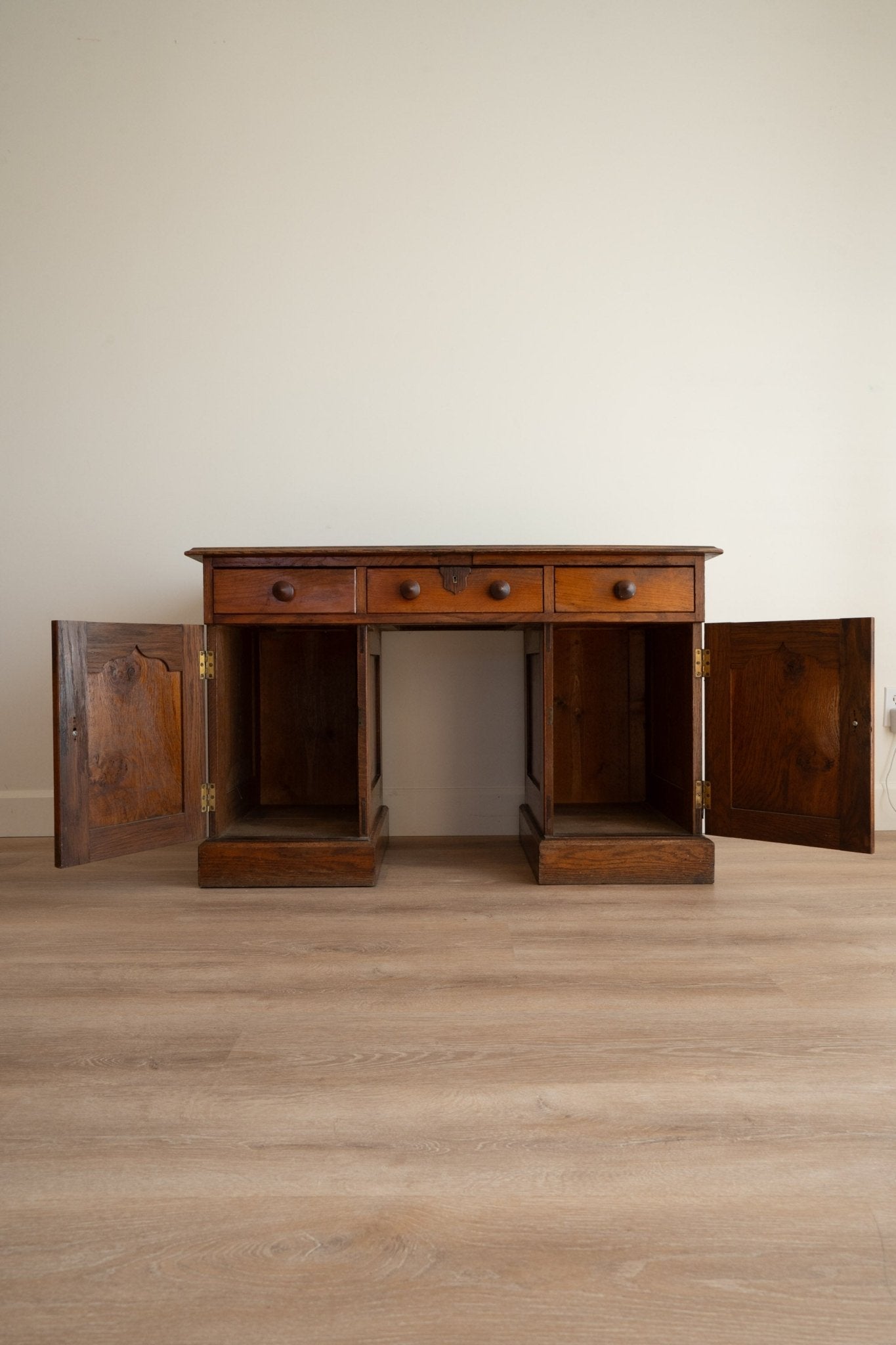 Antique English Desk, Vanity, with Black Leather Top - IDYLL MANOR
