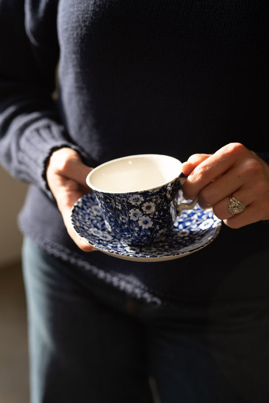 Blue Calico Cup & Saucer | Vintage Tea Cup Set, Staffordshire, Made in England - IDYLL MANOR