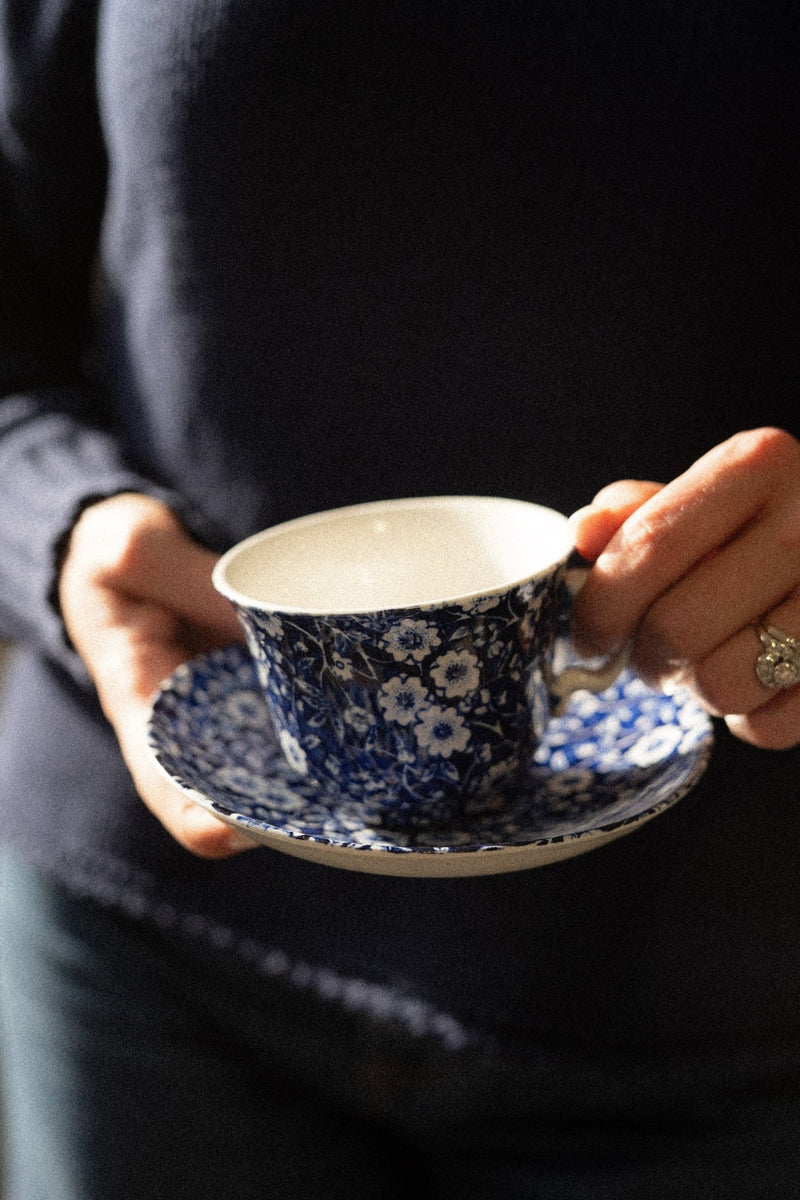 Blue Calico Cup & Saucer | Vintage Tea Cup Set, Staffordshire, Made in England - IDYLL MANOR