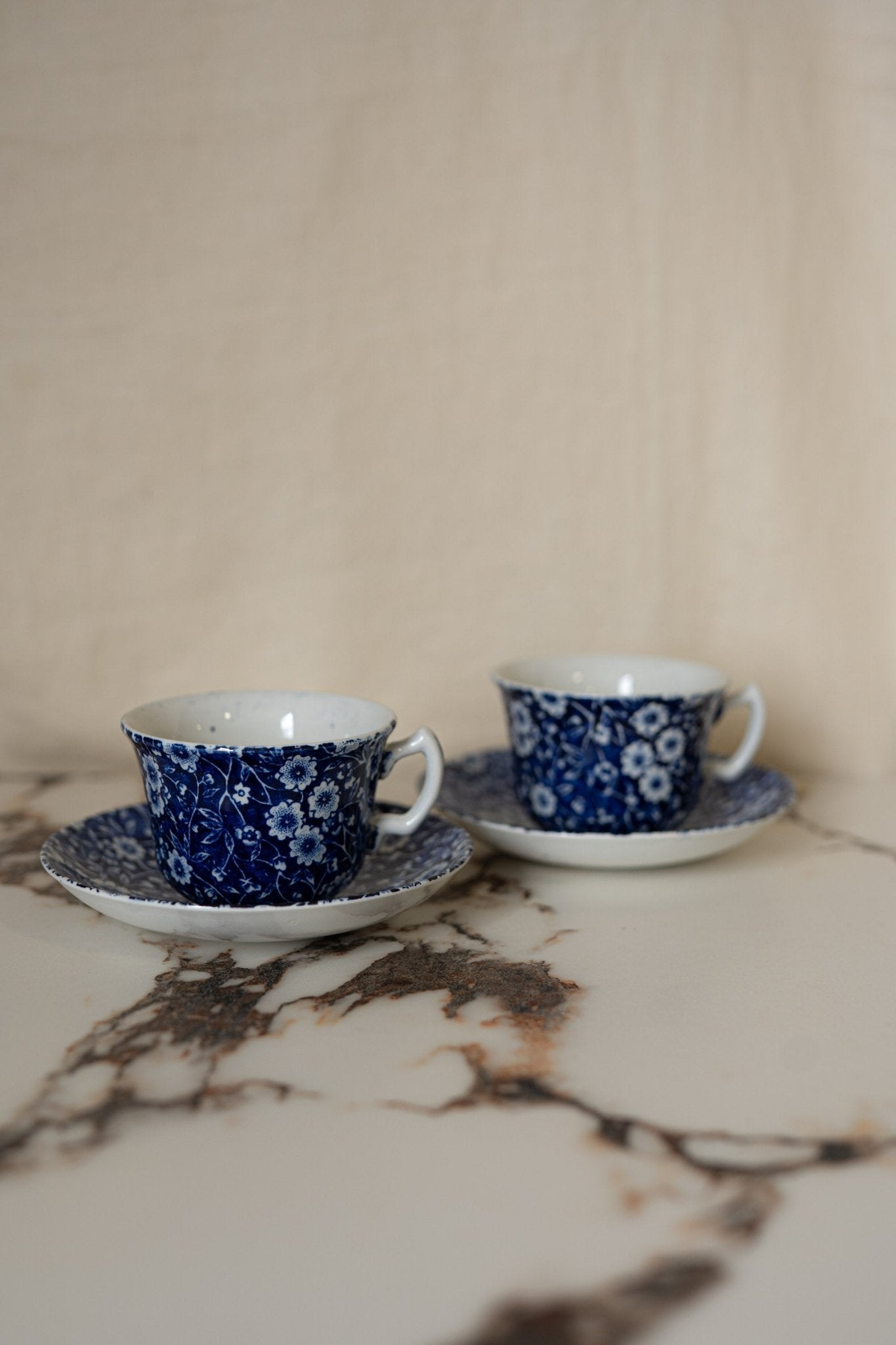 Blue Calico Cup & Saucer | Vintage Tea Cup Set, Staffordshire, Made in England - IDYLL MANOR