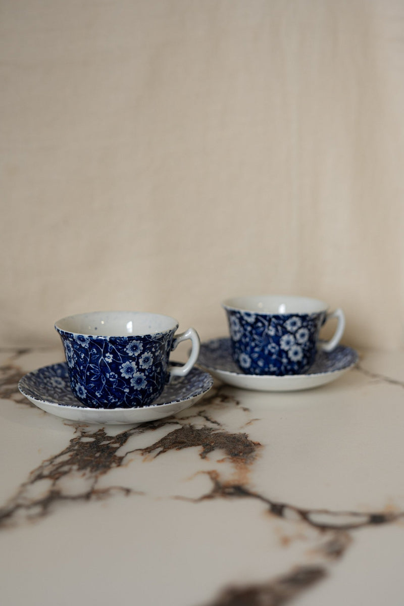 Blue Calico Cup & Saucer | Vintage Tea Cup Set, Staffordshire, Made in England - IDYLL MANOR