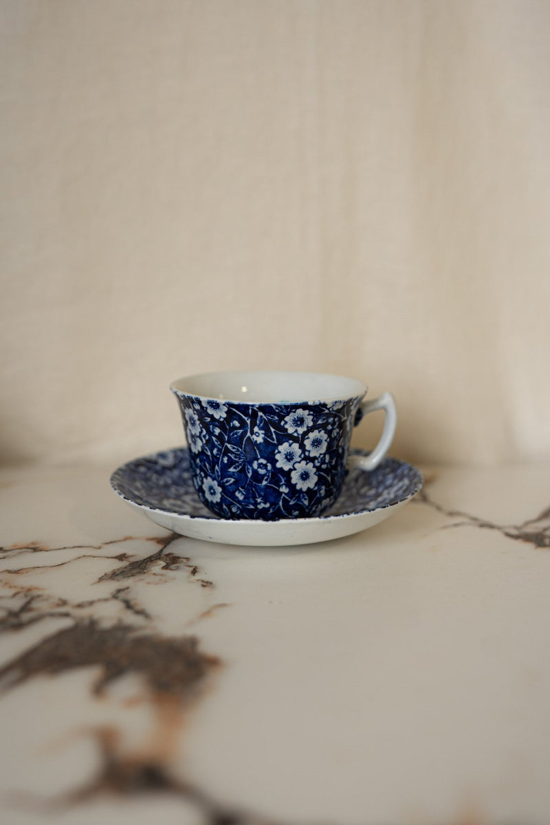 Blue Calico Cup & Saucer | Vintage Tea Cup Set, Staffordshire, Made in England - IDYLL MANOR