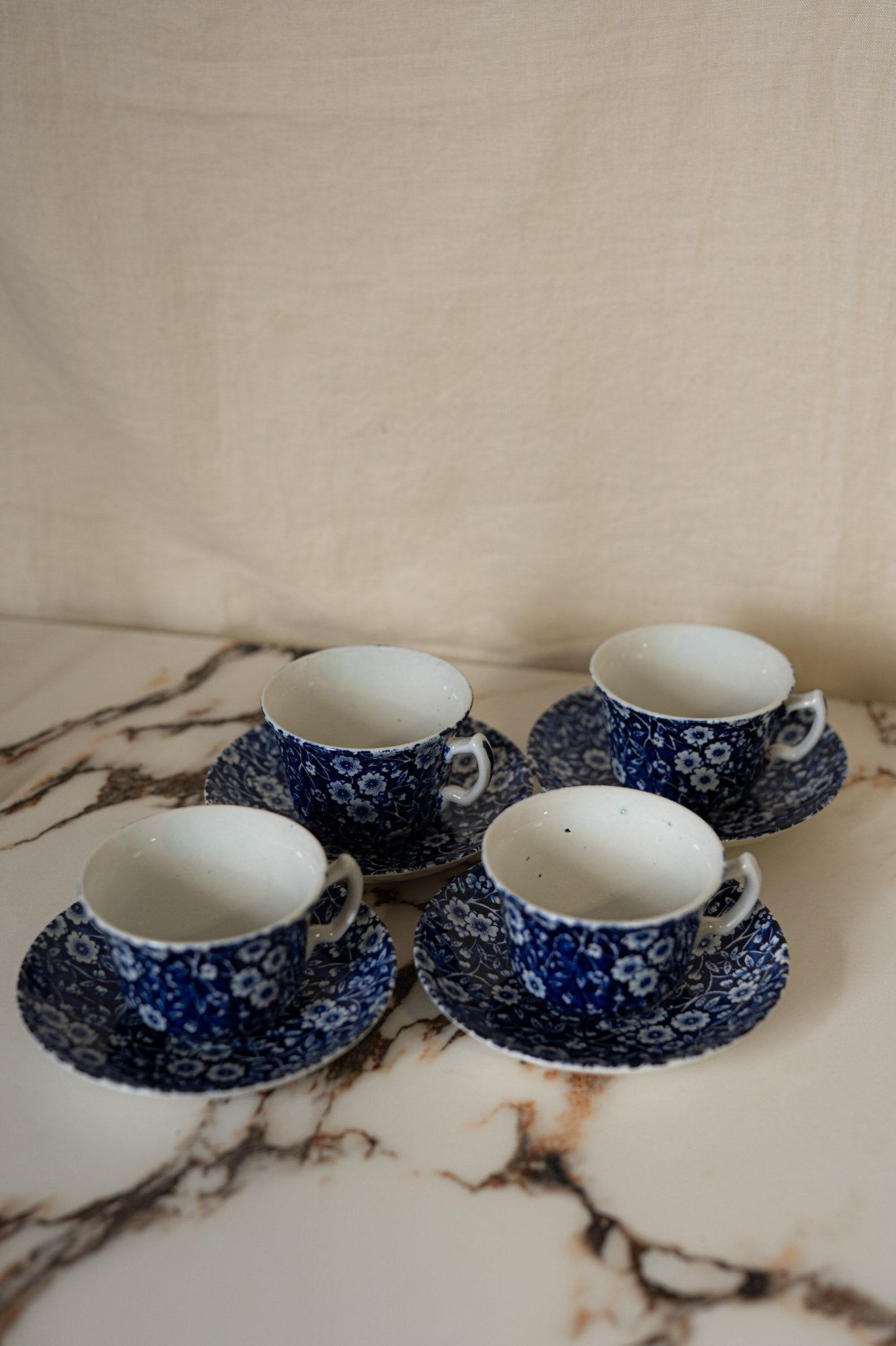Blue Calico Cup & Saucer | Vintage Tea Cup Set, Staffordshire, Made in England - IDYLL MANOR