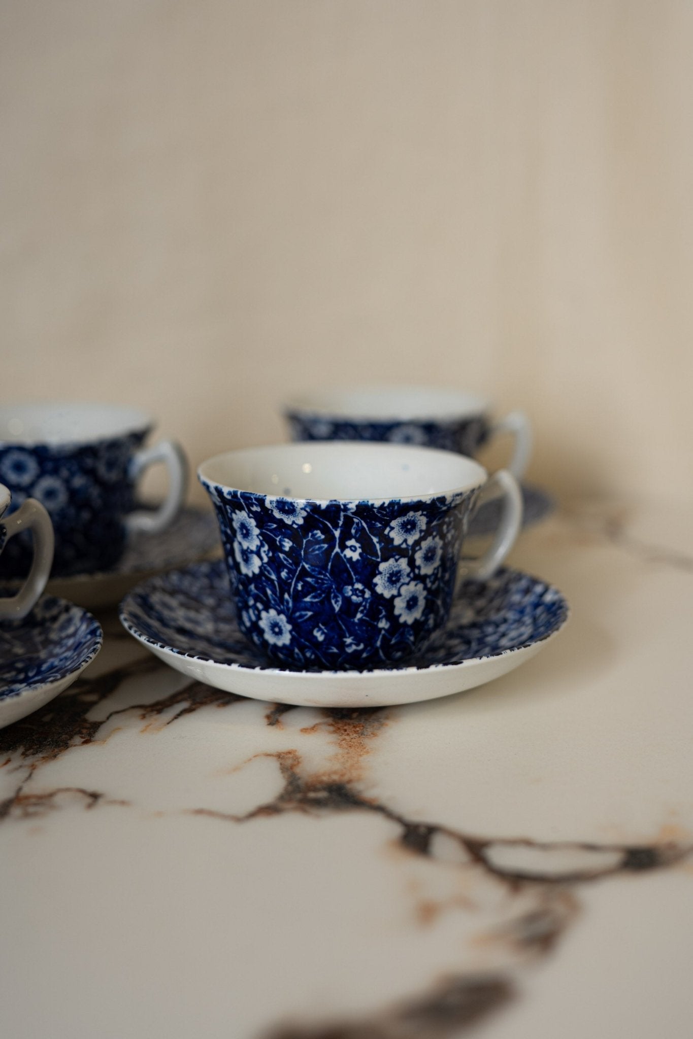 Blue Calico Cup & Saucer | Vintage Tea Cup Set, Staffordshire, Made in England - IDYLL MANOR