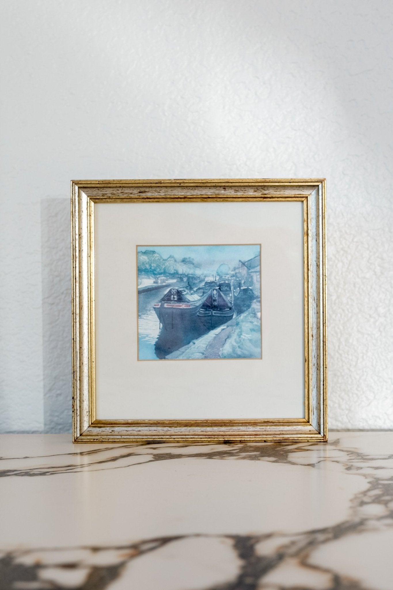 Framed “Braunston Dock” Canal Barges Watercolor by Gordon Miles - IDYLL MANOR