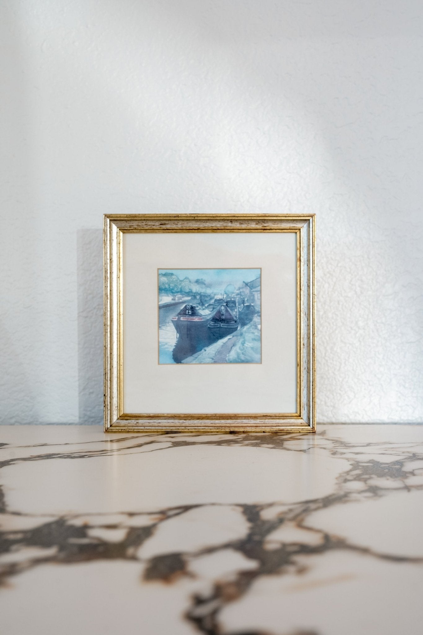 Framed “Braunston Dock” Canal Barges Watercolor by Gordon Miles - IDYLL MANOR