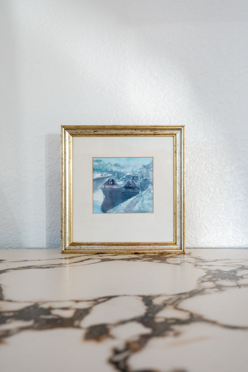 Framed “Braunston Dock” Canal Barges Watercolor by Gordon Miles - IDYLL MANOR