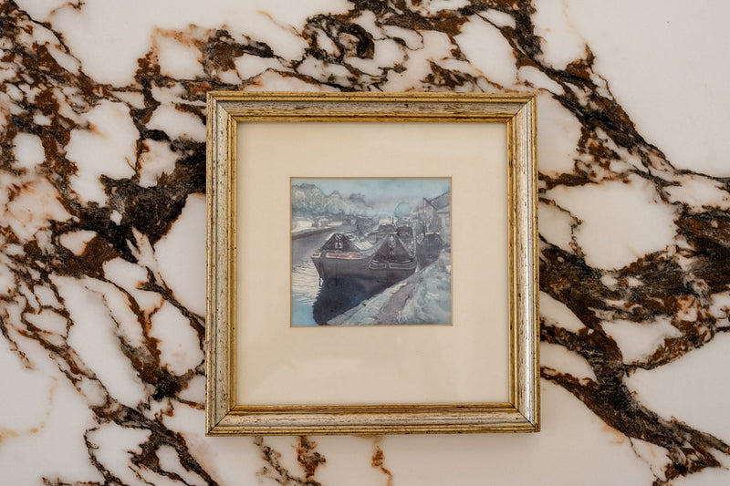 Framed “Braunston Dock” Canal Barges Watercolor by Gordon Miles - IDYLL MANOR