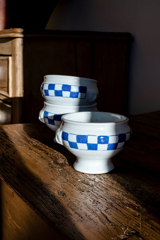 Vintage French Blue Check Lion Head Soup Bowls - IDYLL MANOR