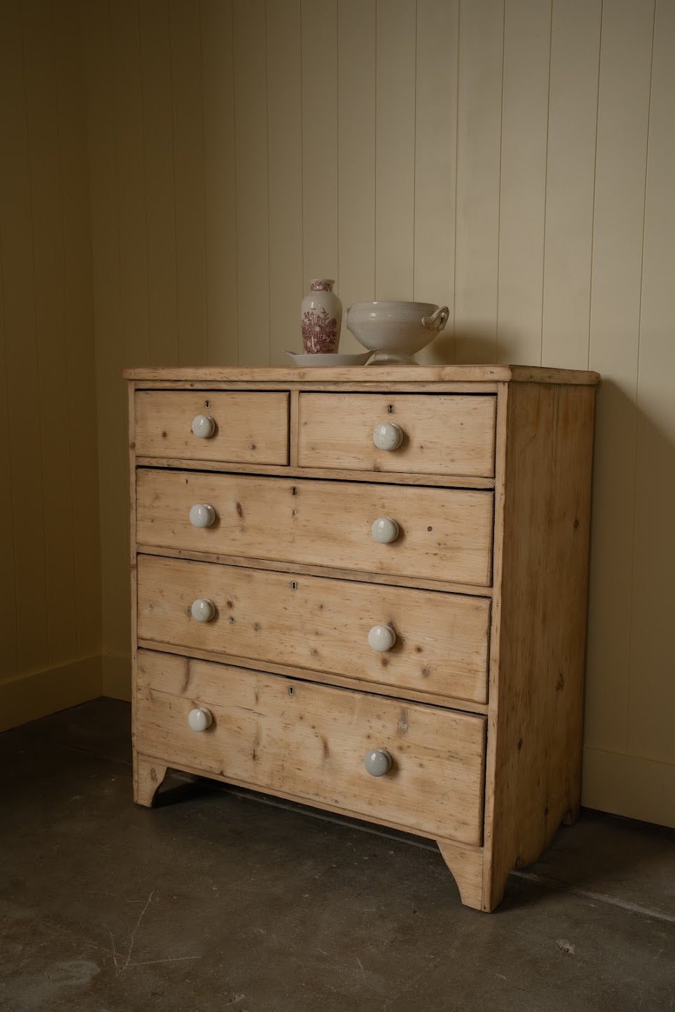 Antique Light Pine Chest of Drawers | White Knobs - IDYLL MANOR