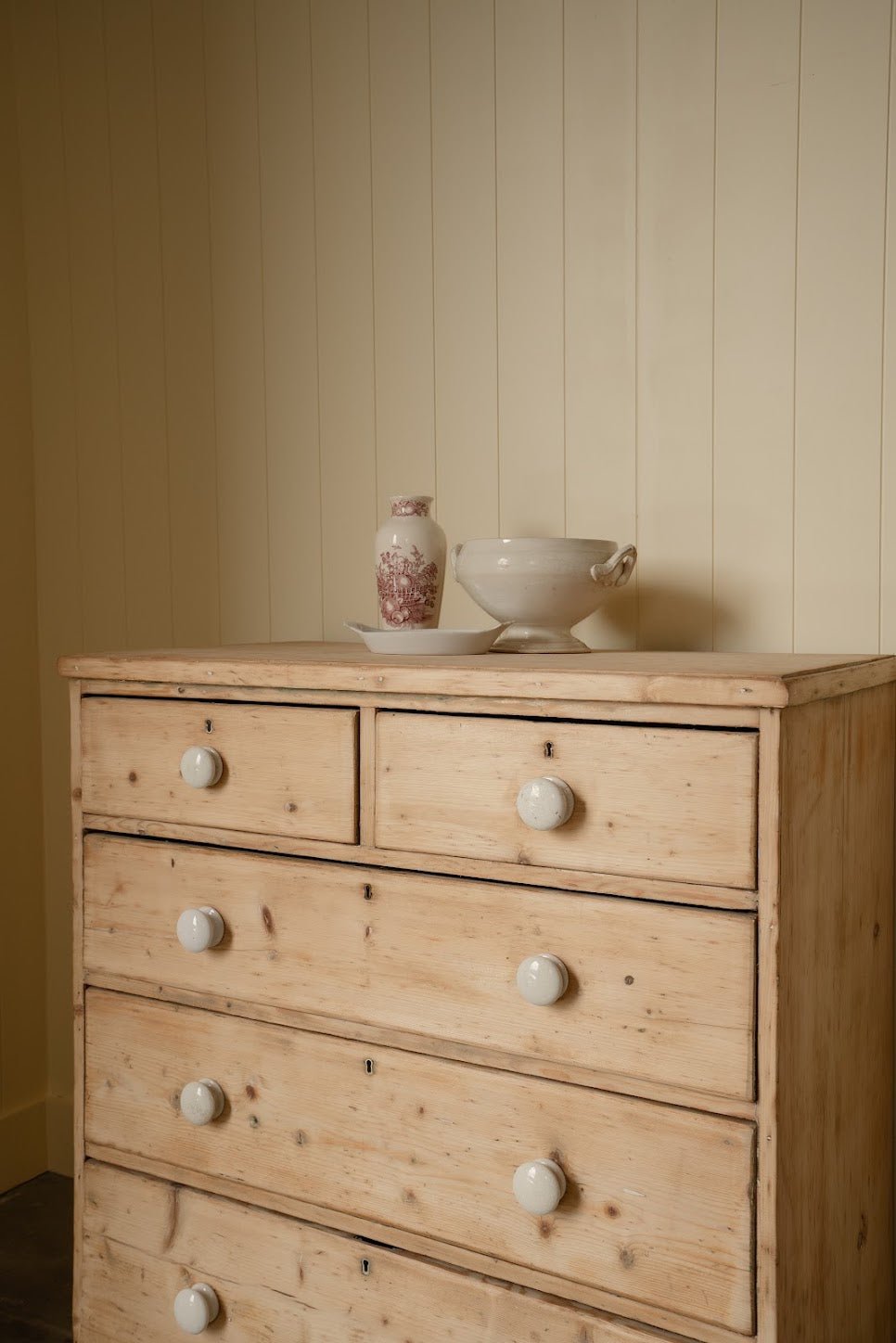 Antique Light Pine Chest of Drawers | White Knobs - IDYLL MANOR