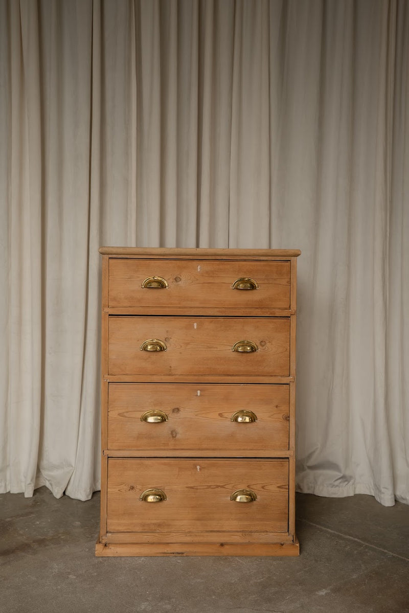 Pine Tallboy Chest of Drawers with Brass Cup Pulls | Narrow Four-Drawer Dresser