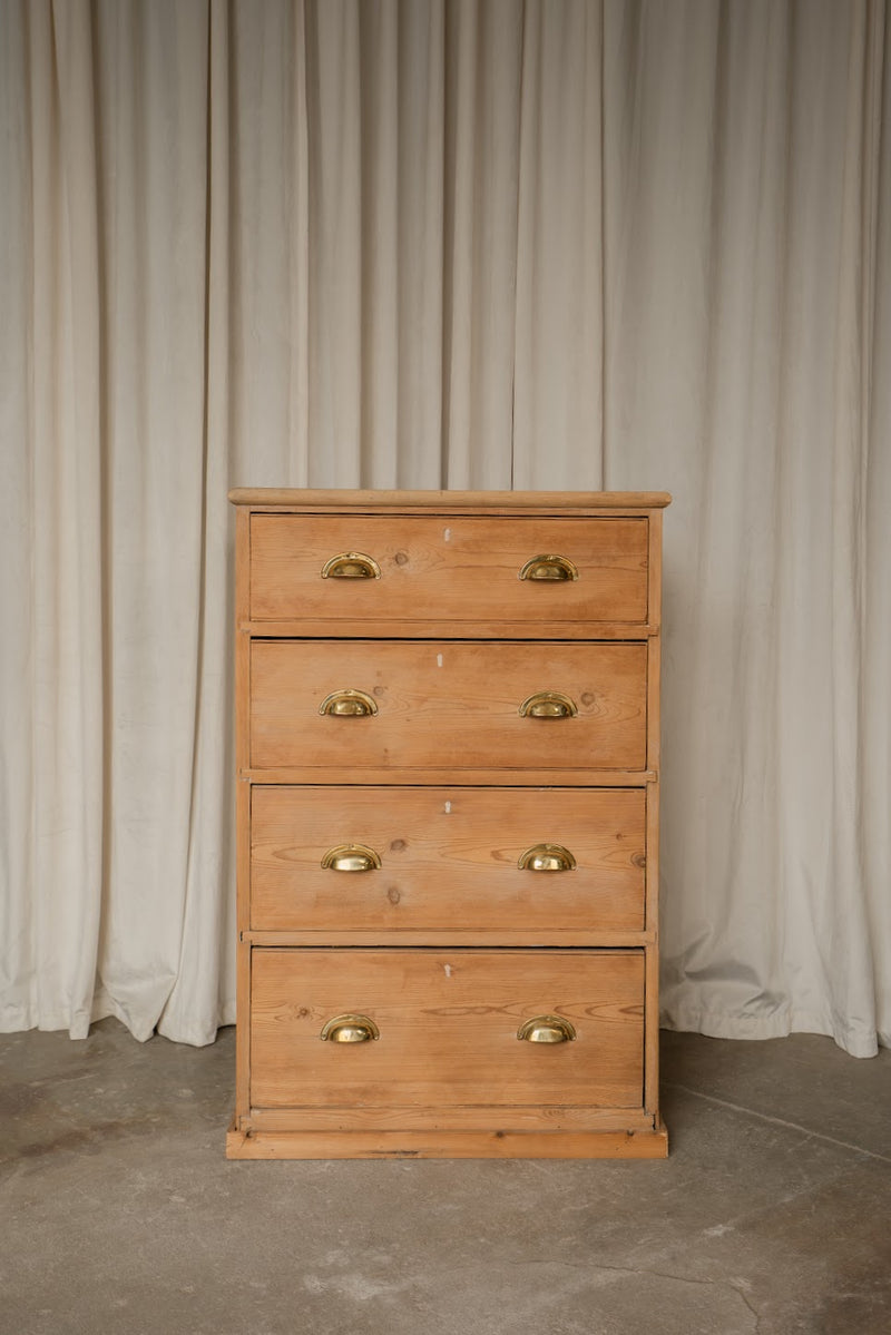 Pine Tallboy Chest of Drawers with Brass Cup Pulls | Narrow Four-Drawer Dresser