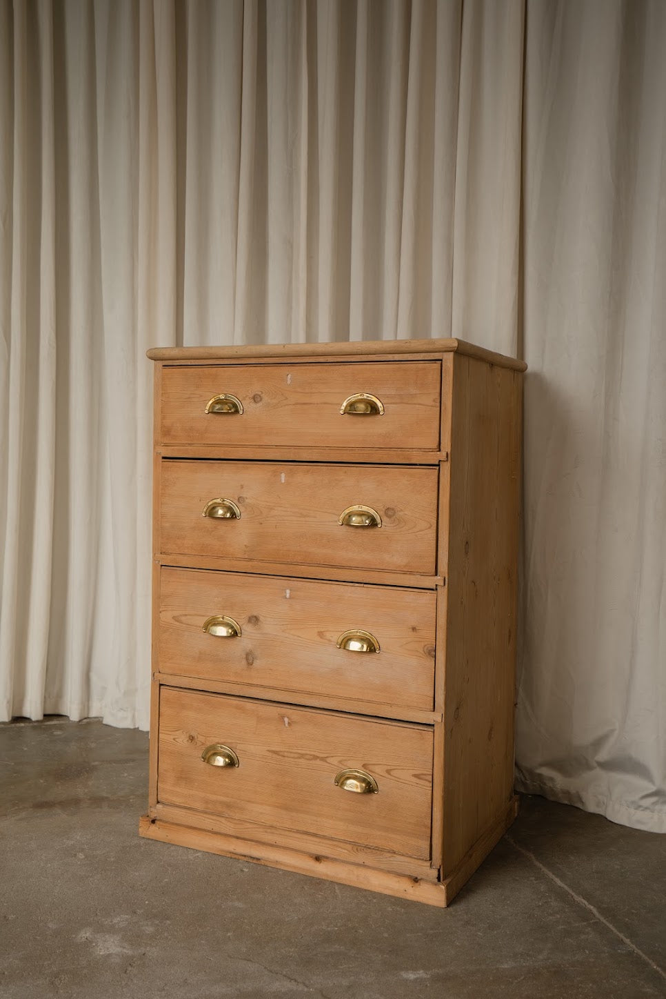 Pine Tallboy Chest of Drawers with Brass Cup Pulls | Narrow Four-Drawer Dresser
