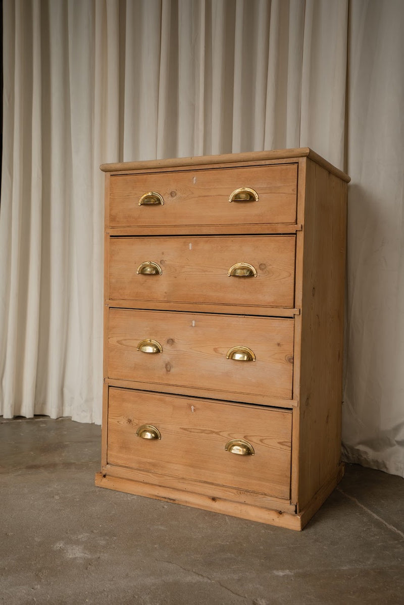Pine Tallboy Chest of Drawers with Brass Cup Pulls | Narrow Four-Drawer Dresser