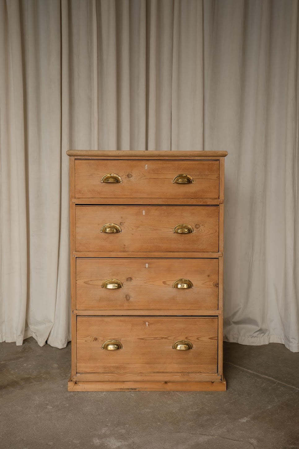 Pine Tallboy Chest of Drawers with Brass Cup Pulls | Narrow Four-Drawer Dresser