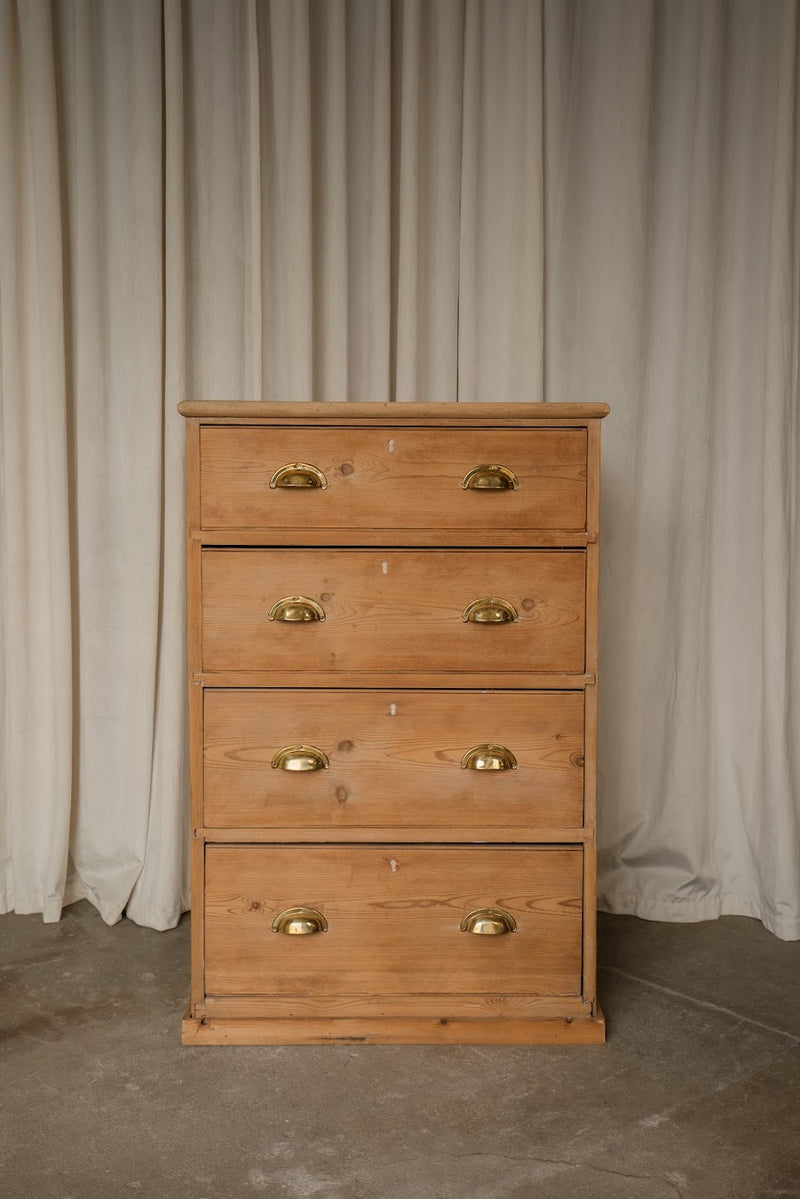 Pine Tallboy Chest of Drawers with Brass Cup Pulls | Narrow Four-Drawer Dresser