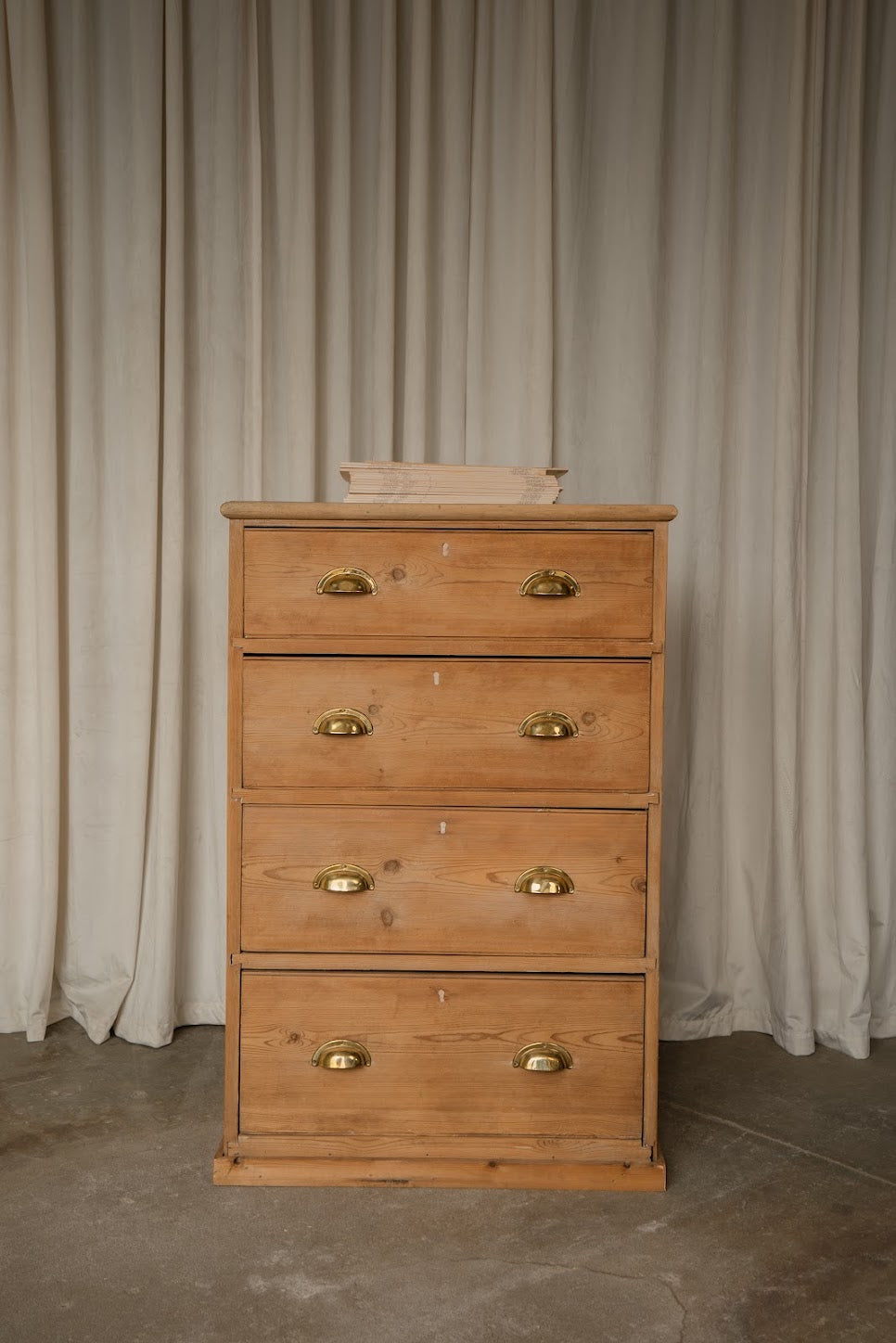 Pine Tallboy Chest of Drawers with Brass Cup Pulls | Narrow Four-Drawer Dresser