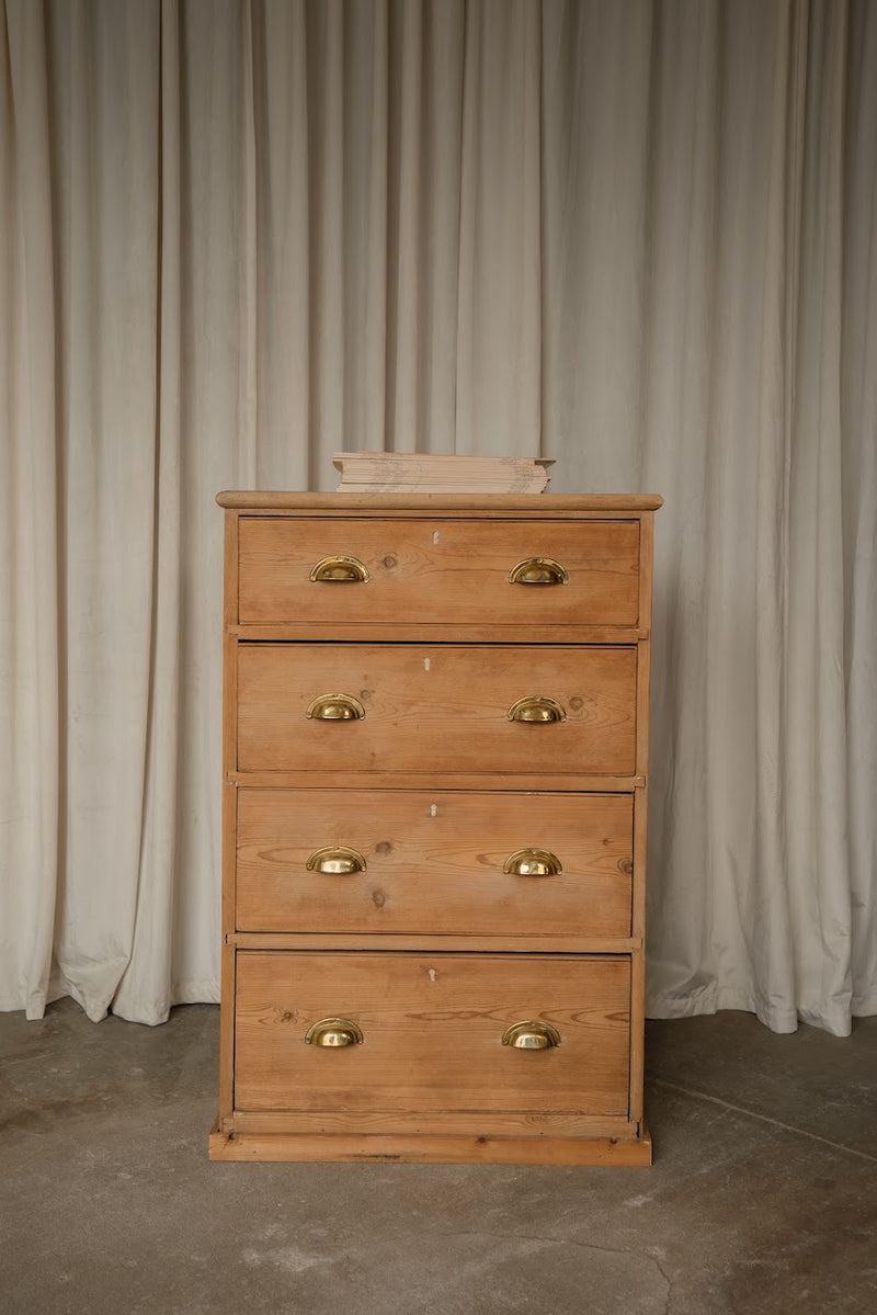 Pine Tallboy Chest of Drawers with Brass Cup Pulls | Narrow Four-Drawer Dresser