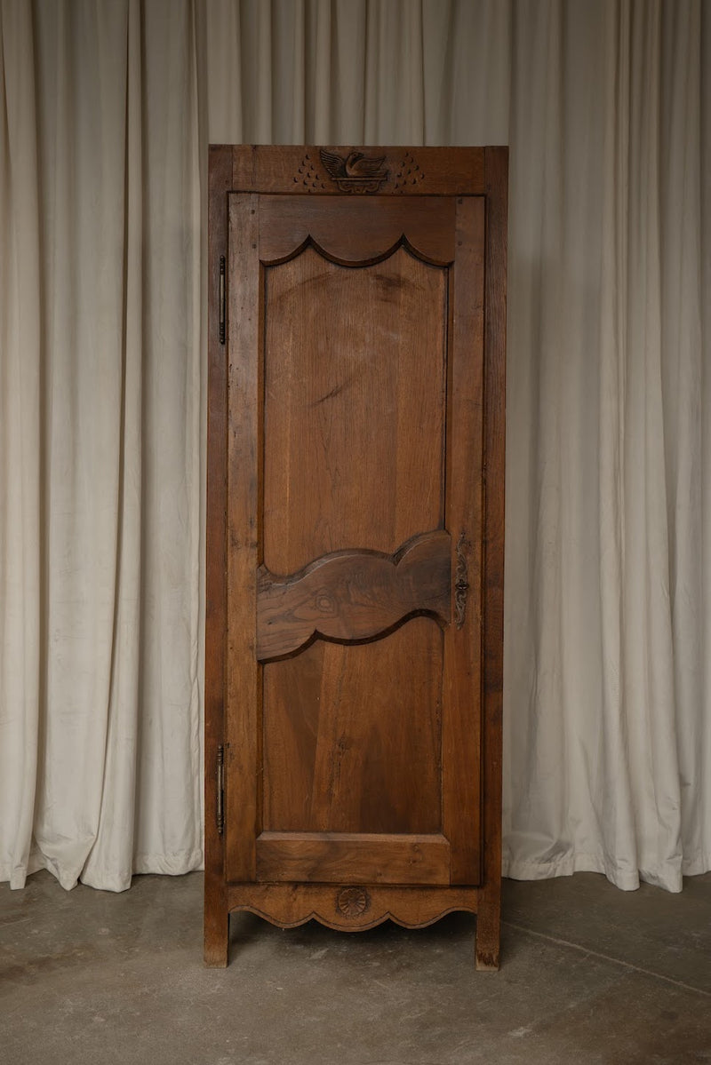 French Oak Cupboard with Carved Bird Detail | Narrow Linen & Storage Cabinet