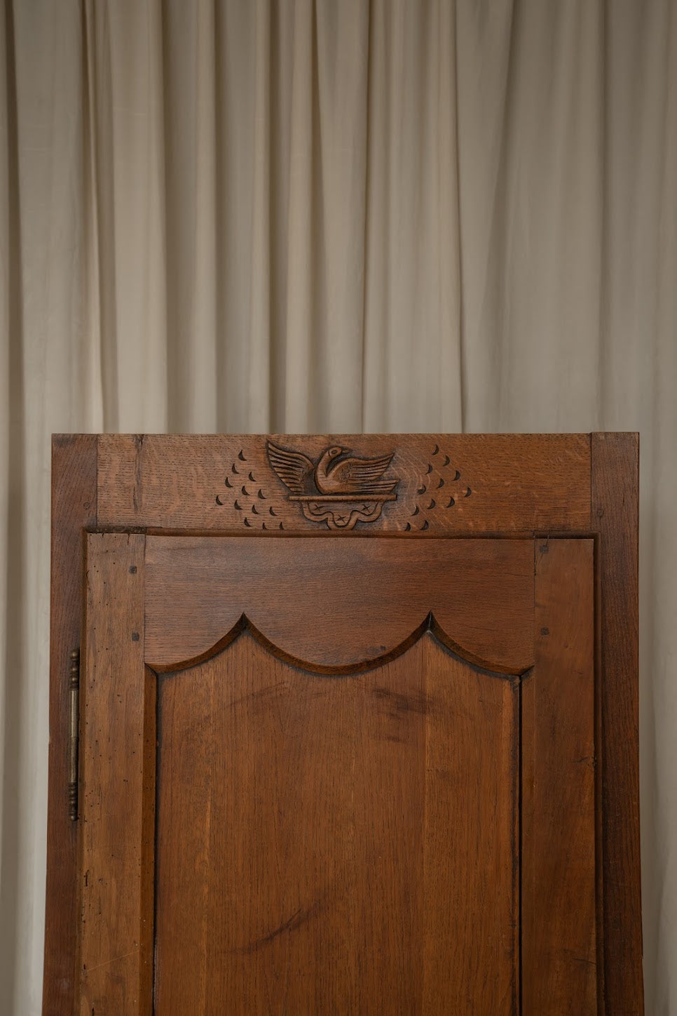 French Oak Cupboard with Carved Bird Detail | Narrow Linen & Storage Cabinet