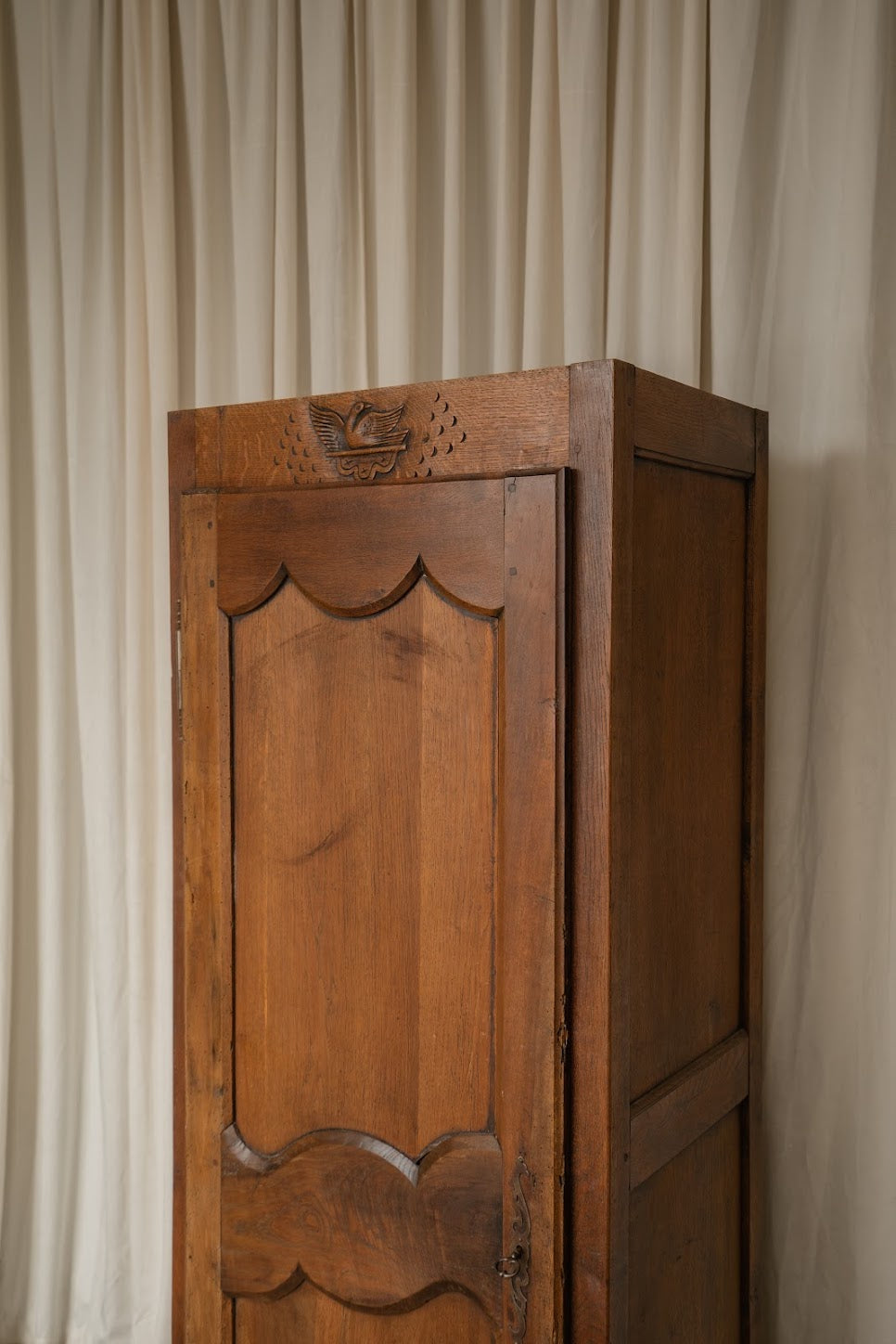 French Oak Cupboard with Carved Bird Detail | Narrow Linen & Storage Cabinet