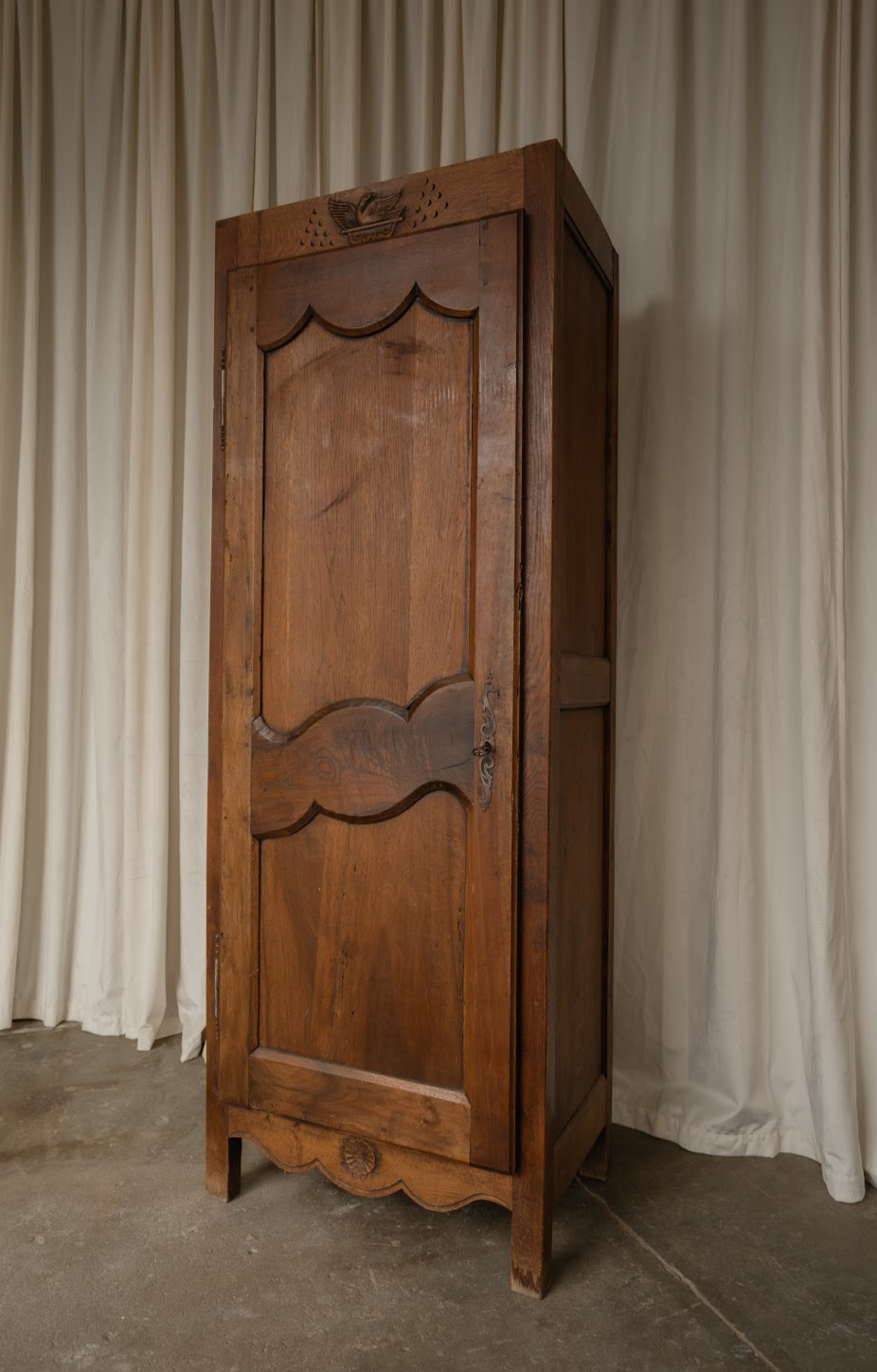 French Oak Cupboard with Carved Bird Detail | Narrow Linen & Storage Cabinet