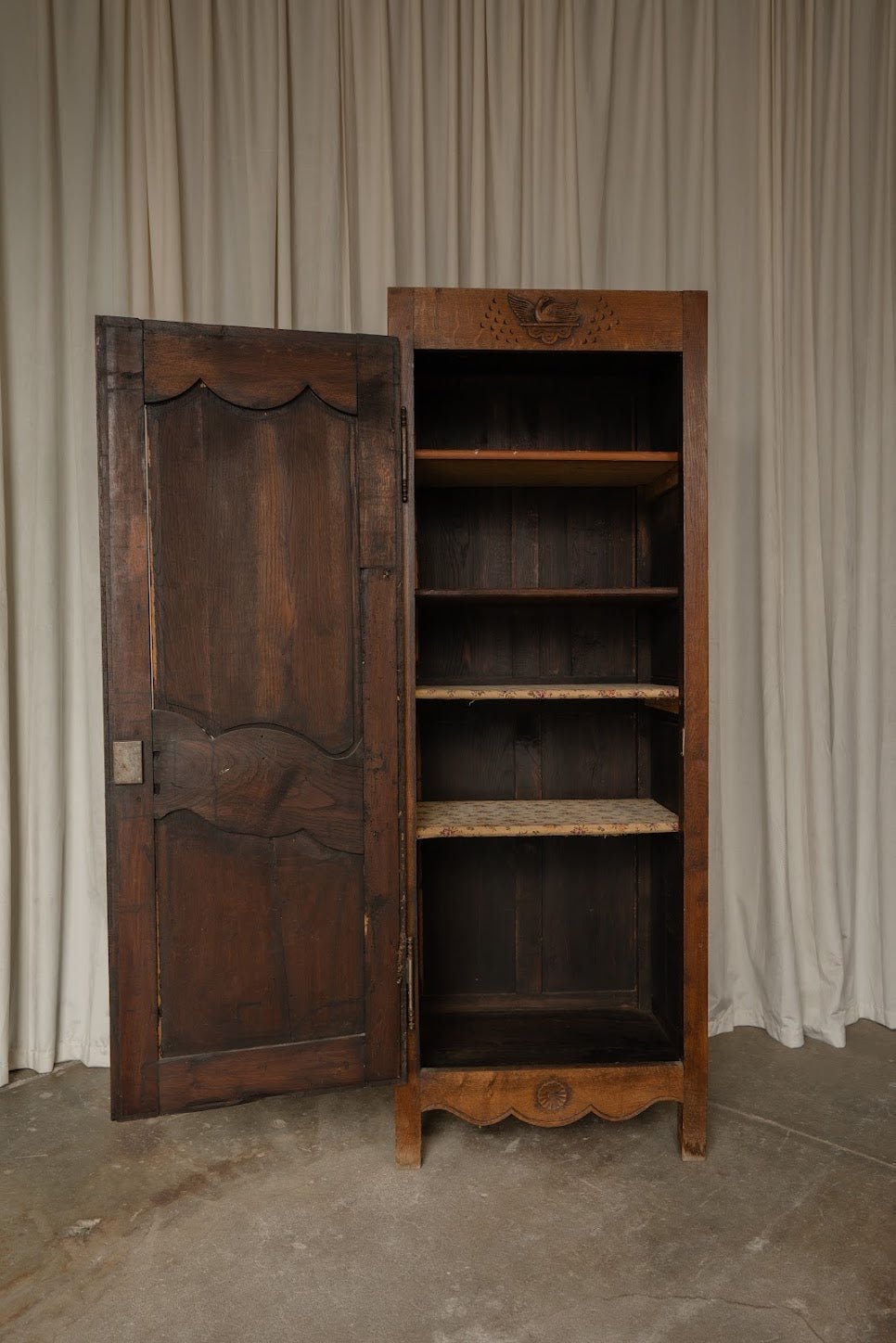 French Oak Cupboard with Carved Bird Detail | Narrow Linen & Storage Cabinet