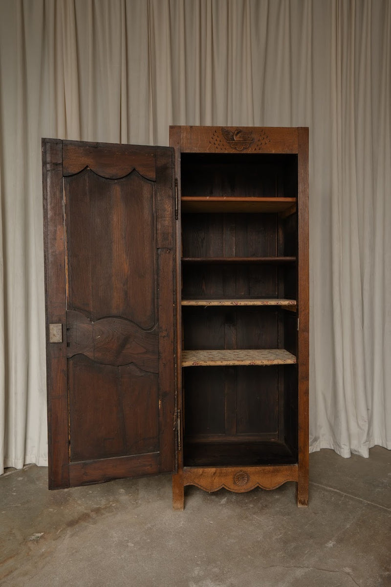 French Oak Cupboard with Carved Bird Detail | Narrow Linen & Storage Cabinet