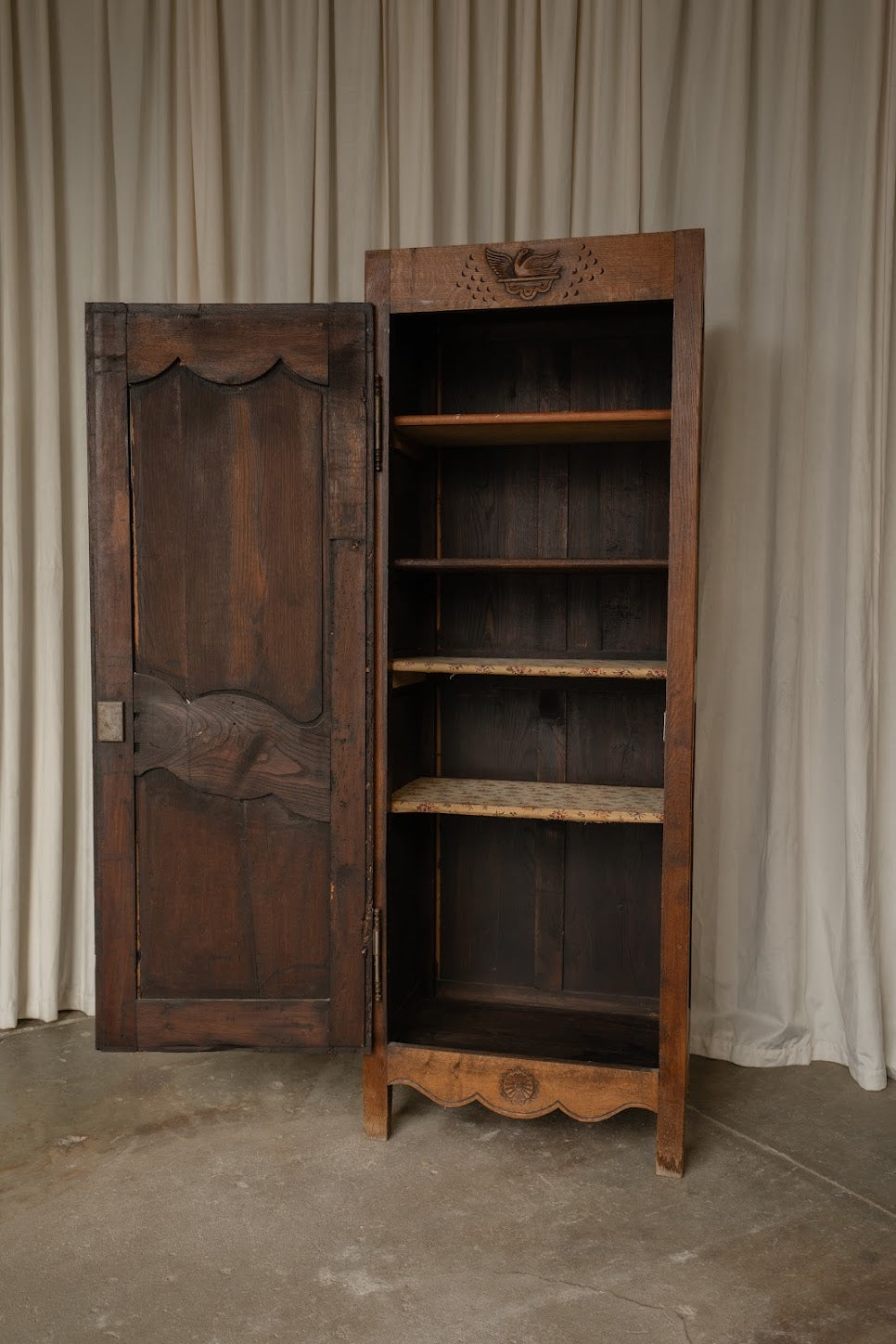 French Oak Cupboard with Carved Bird Detail | Narrow Linen & Storage Cabinet