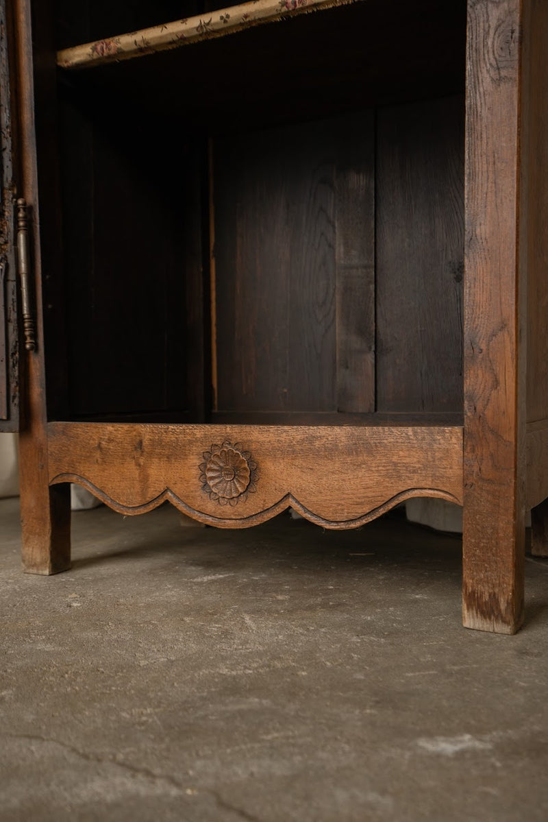 French Oak Cupboard with Carved Bird Detail | Narrow Linen & Storage Cabinet
