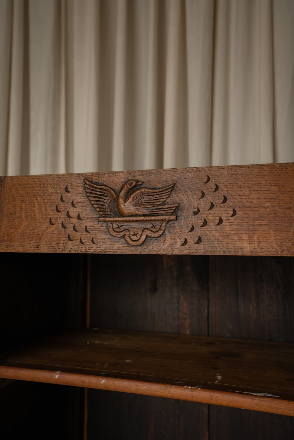 French Oak Cupboard with Carved Bird Detail | Narrow Linen & Storage Cabinet