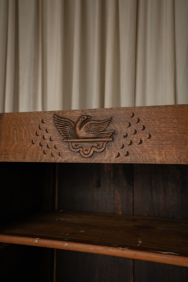 French Oak Cupboard with Carved Bird Detail | Narrow Linen & Storage Cabinet