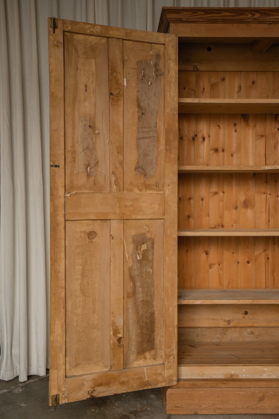 Large Antique Pale Pine Two-Door Paneled Cupboard