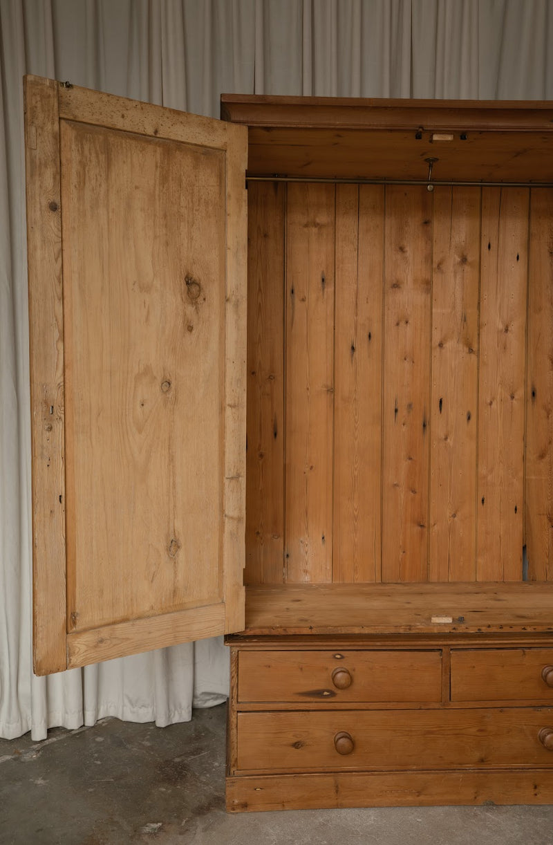 Antique Victorian Pine Two-Door Armoire with Three Drawers