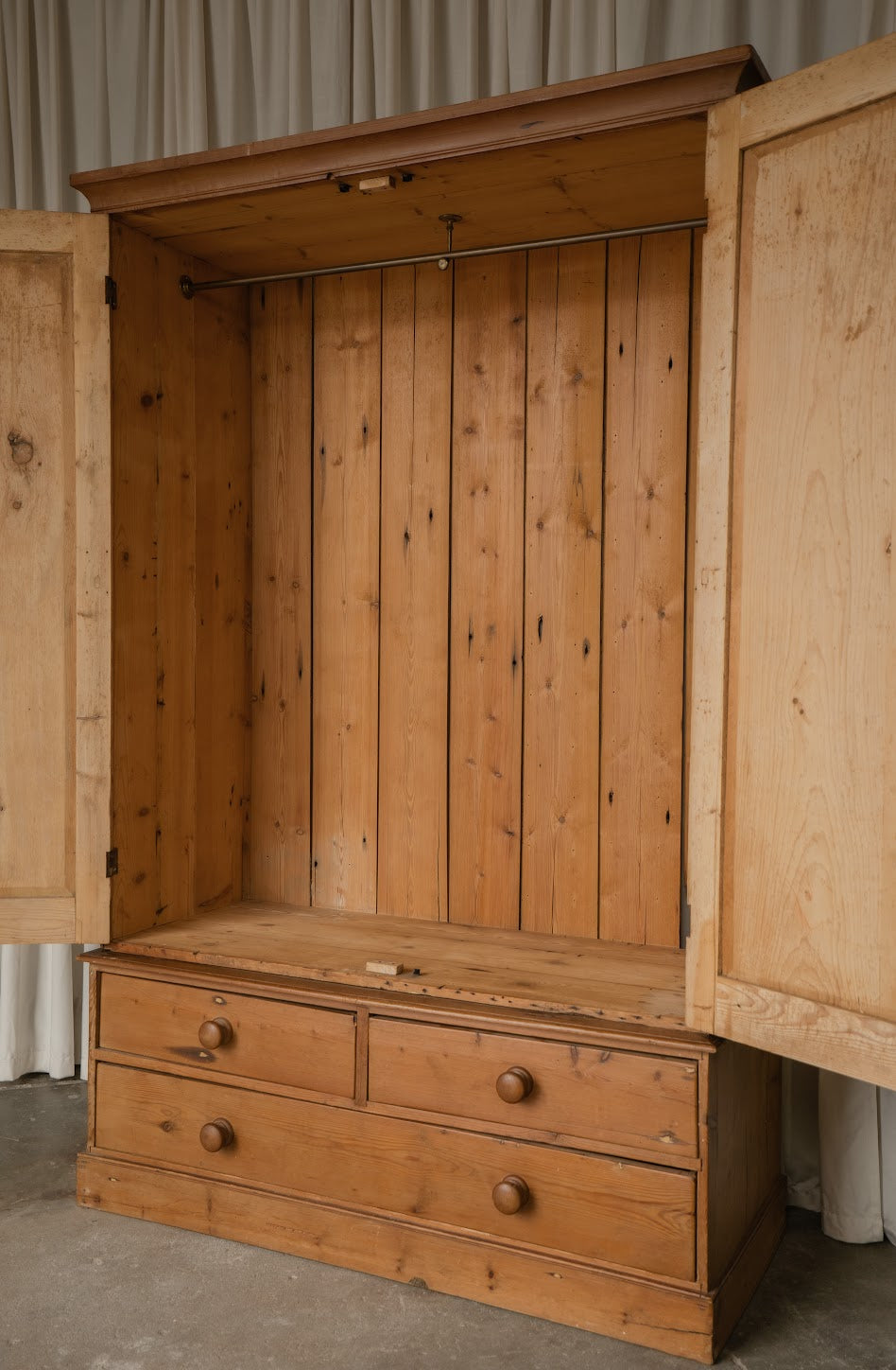 Antique Victorian Pine Two-Door Armoire with Three Drawers