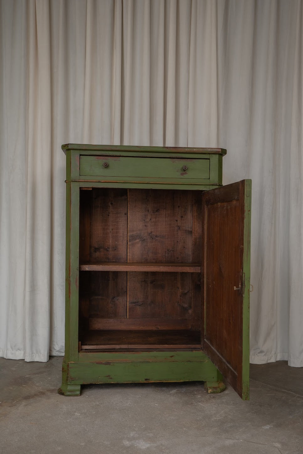 Antique Green Painted Cupboard | One-Drawer Cottage Storage Cabinet.