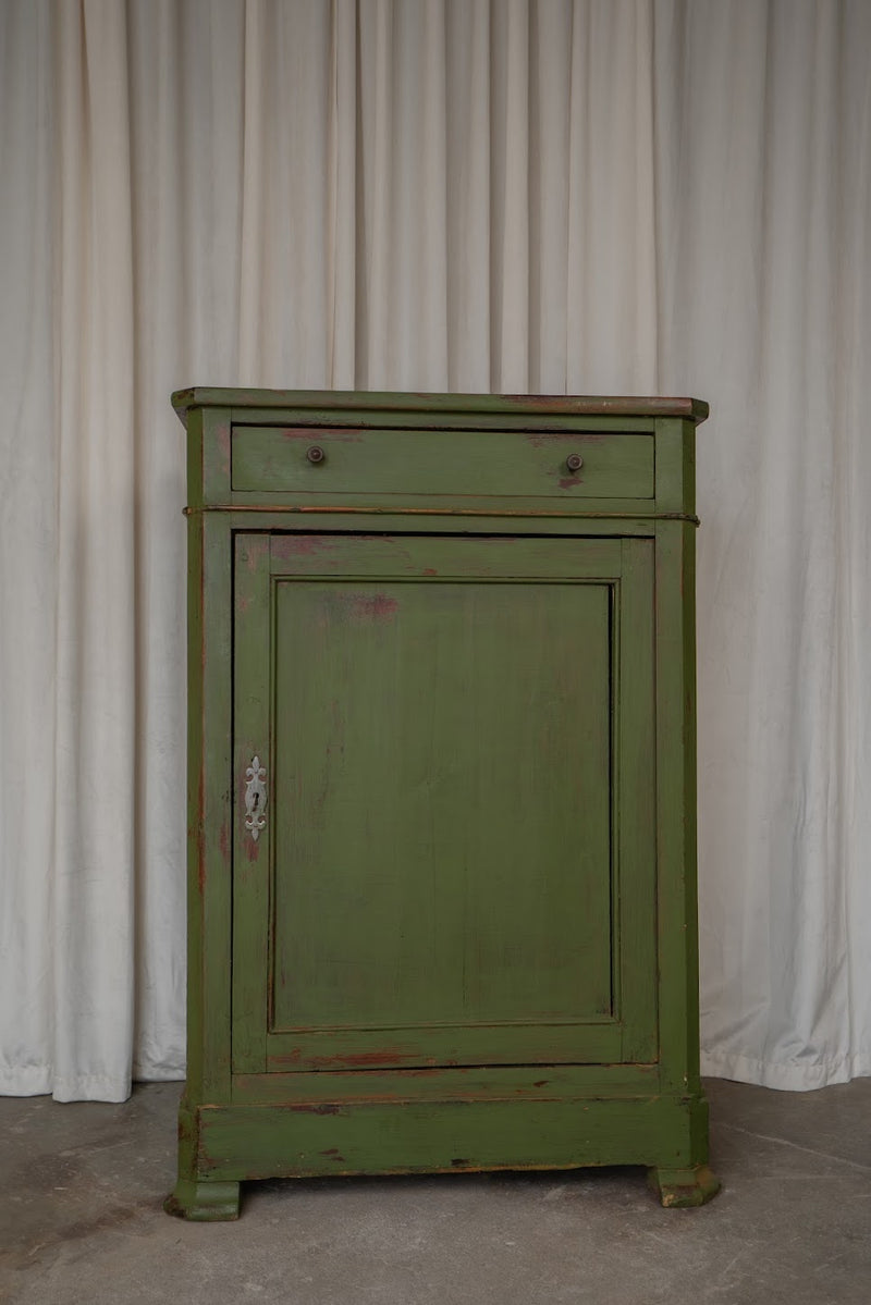 Antique Green Painted Cupboard | One-Drawer Cottage Storage Cabinet.